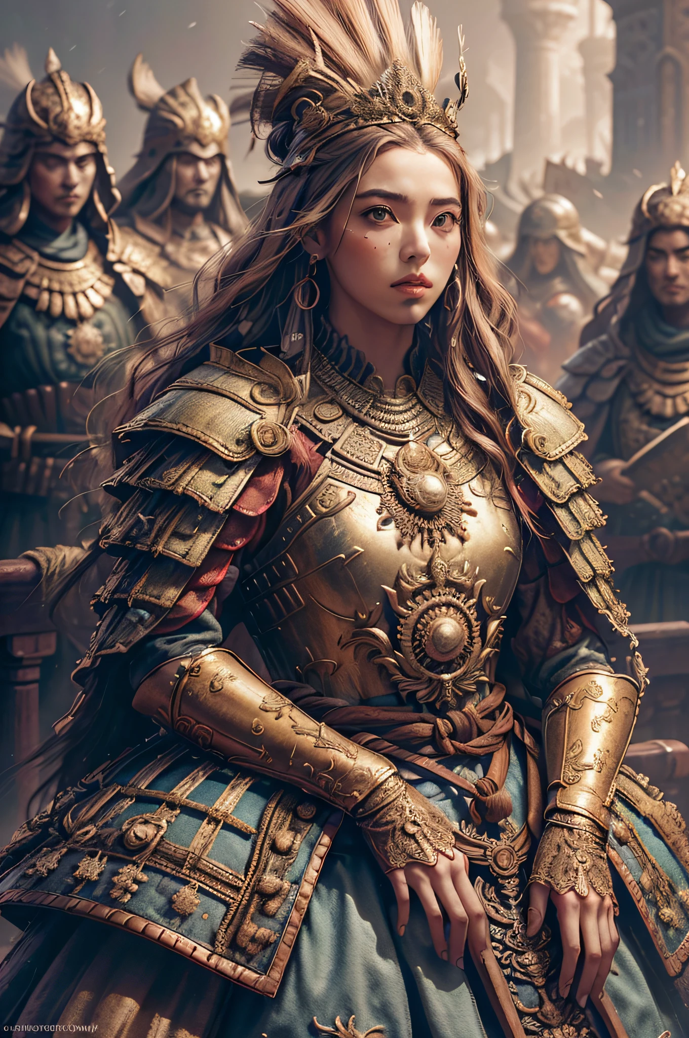 ((obra-antes))), ((melhor qualidade))), ((Ultra-detalhado)), (hiper-realista), (highly detailed CG illustration), cinematic lighti, fotorrealista, extremely beautiful young lady, (beautiful face and lips), cabelos pretos, maquiagem leve, peito grande, eba detalhado intrincado, capa vermelha, spear, Trend at Artstation.