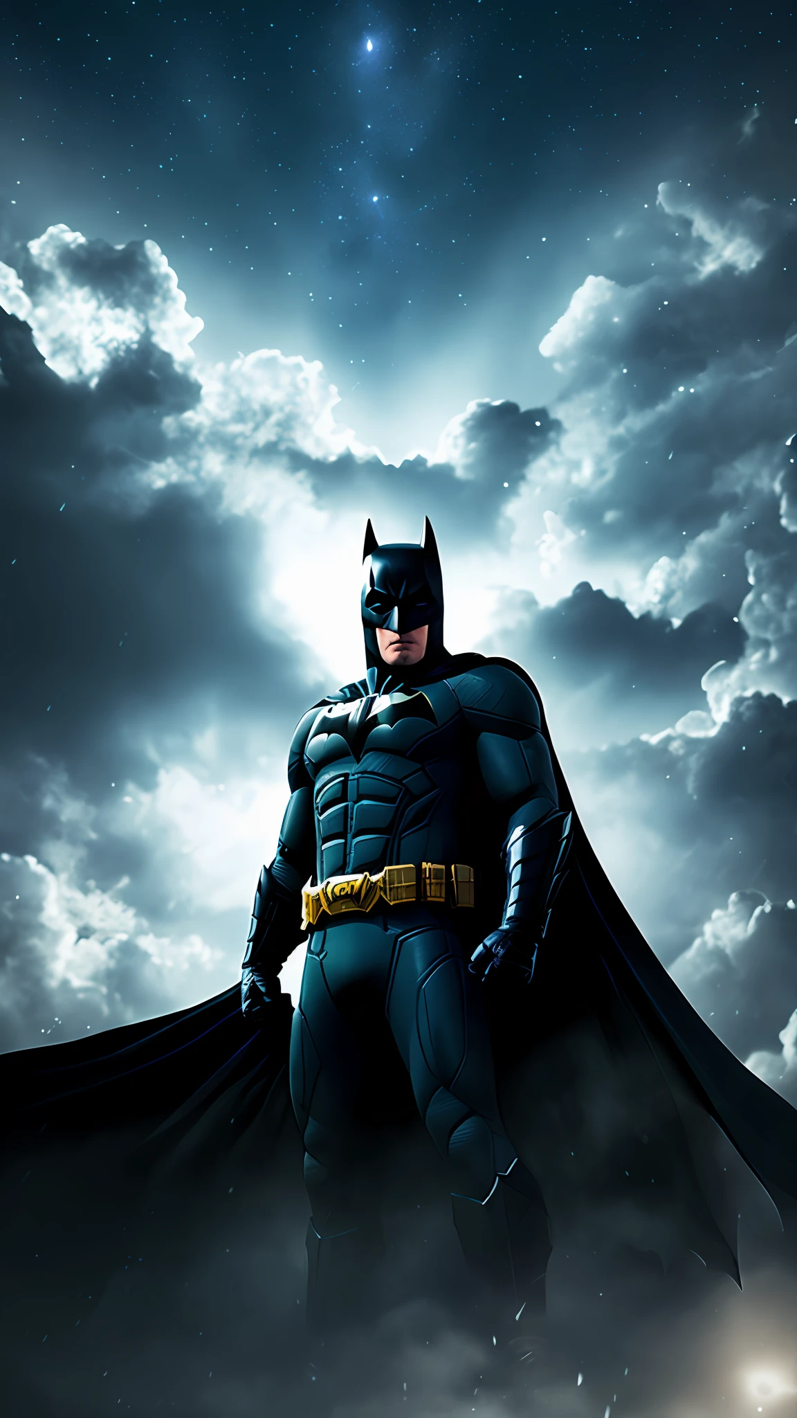 batman, fotografia, in the background a night sky full of clouds, lighting smooth, detalhes suaves, octana, artstation trending, ultra alto detalhe, ultra realista, cinematic, 16k