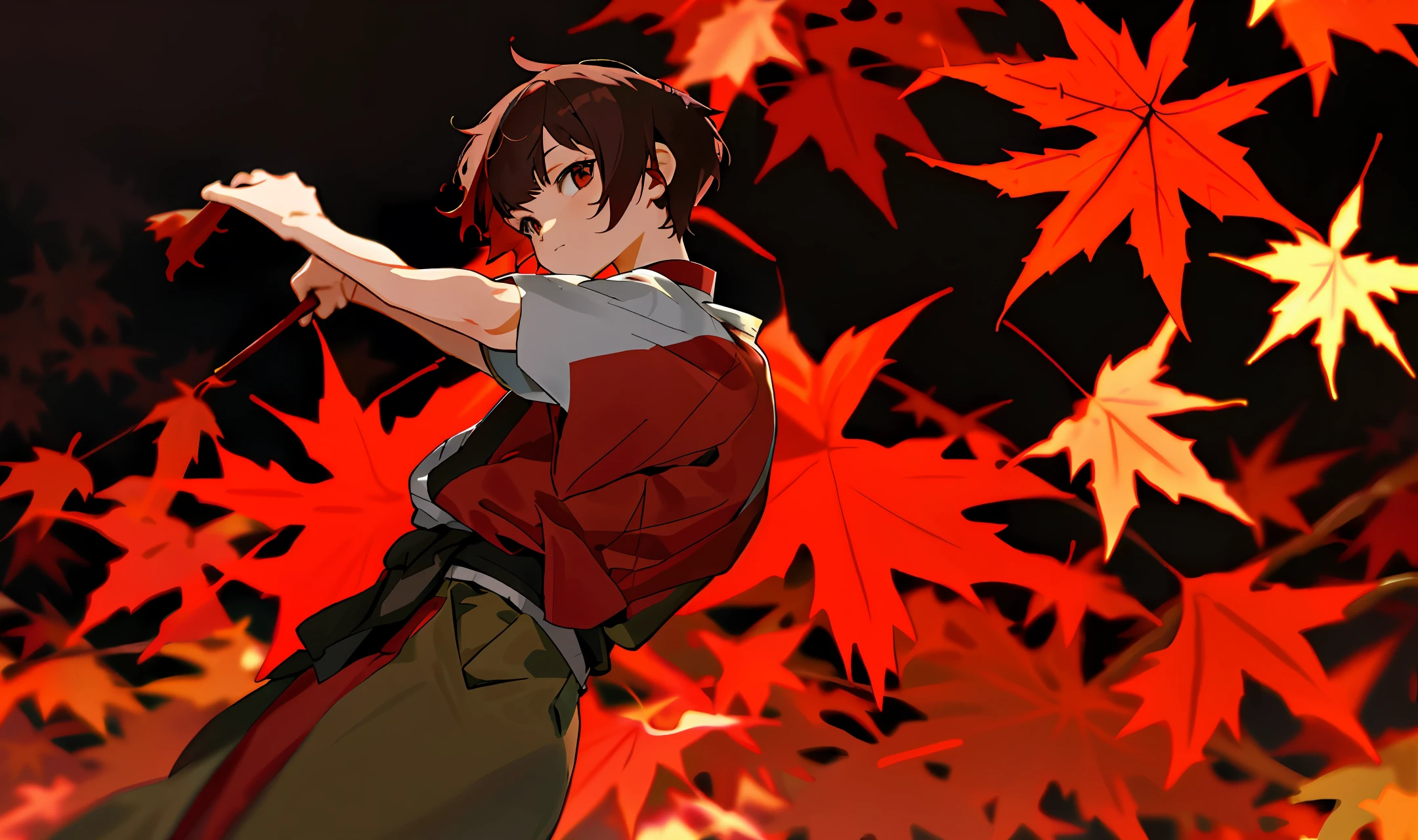 Anime-style Japanese Girl with dark brown Pixie Cut, Red Undertones, and Maple Leaf Color Palette