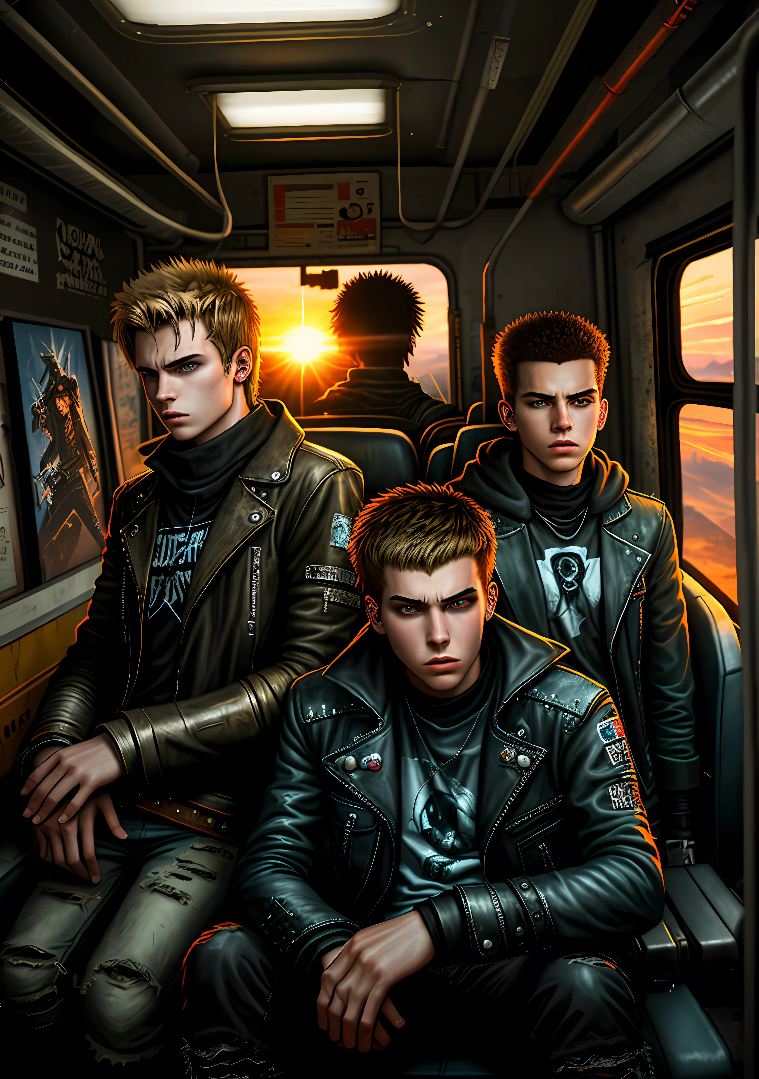 Teenage male rock band, 19 years old, 20 years old, movie poster, mad max, residend evil, high quality, painting, futurism, post apocalyptic, rock band on a bus, sunset, mad max, punk, movie poster, realistic painting art.
