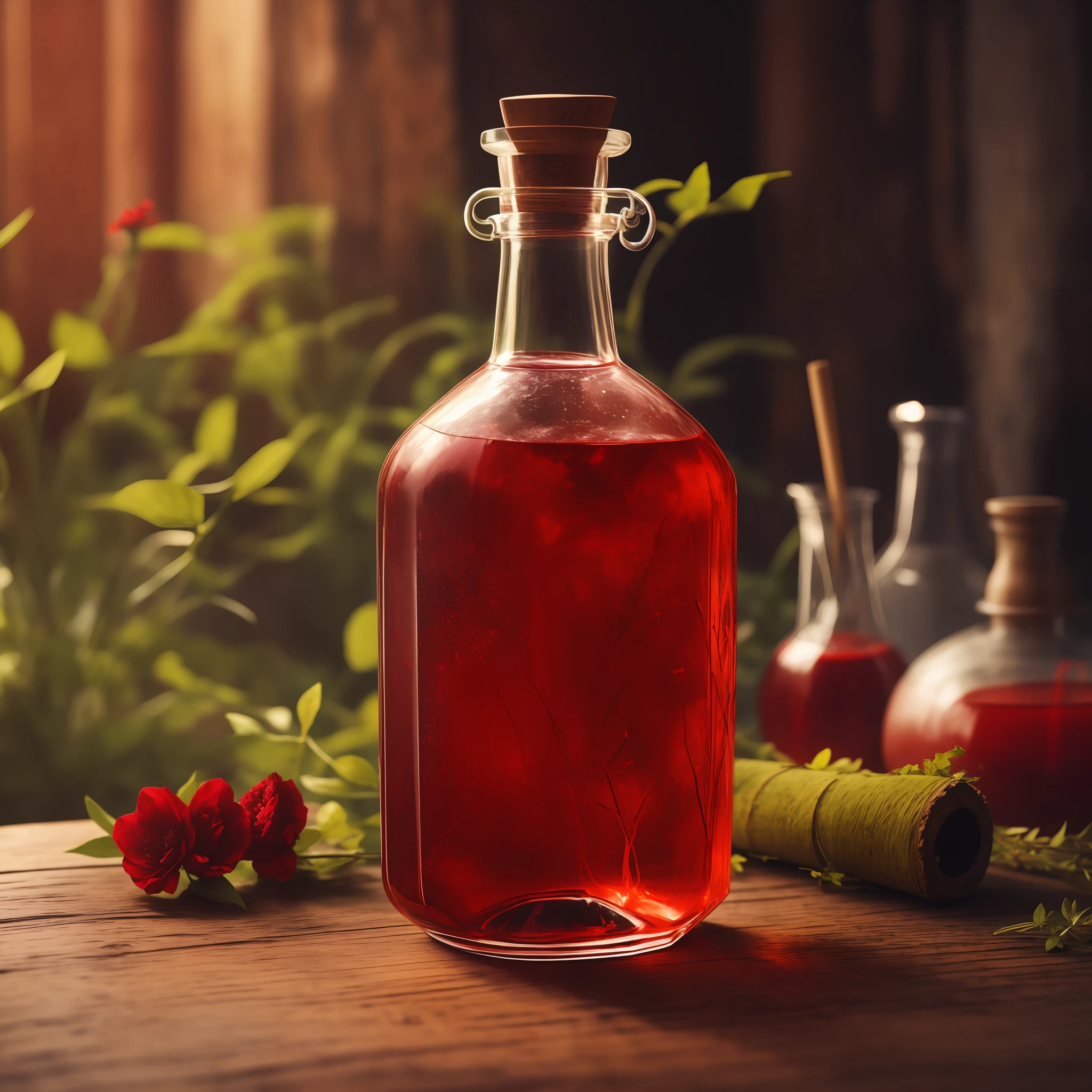 "Transparent bottle with vibrant red liquid, delicate and charming love potion, on top of a rustic wooden table with plants and herbs on the side, parede de madeira, 4K, UHD