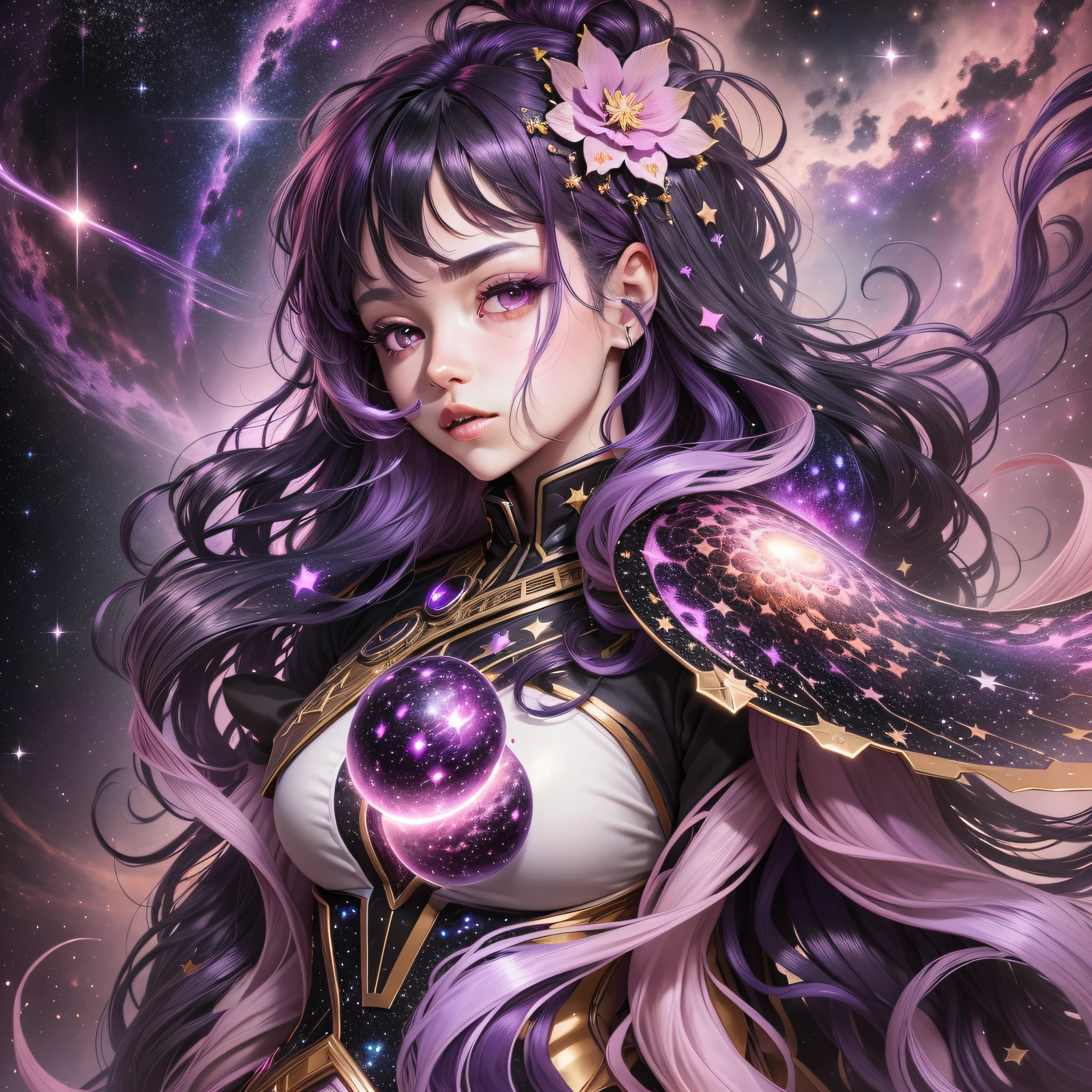 (extremely detailed CG unity 8k wallpaper,masterpiece, best quality, ultra-detailed),(best illumination, best shadow, an extremely delicate and beautiful), floating, colorful galaxy, dynamic pose, (1girl), purple eyes, (black hair, grape purple hair:1.3, light pink hair:1.2, starry galaxy hair:1.5), celestial armor, starry background, cosmic dust, nebulas, galaxy clusters, Volumetric light.