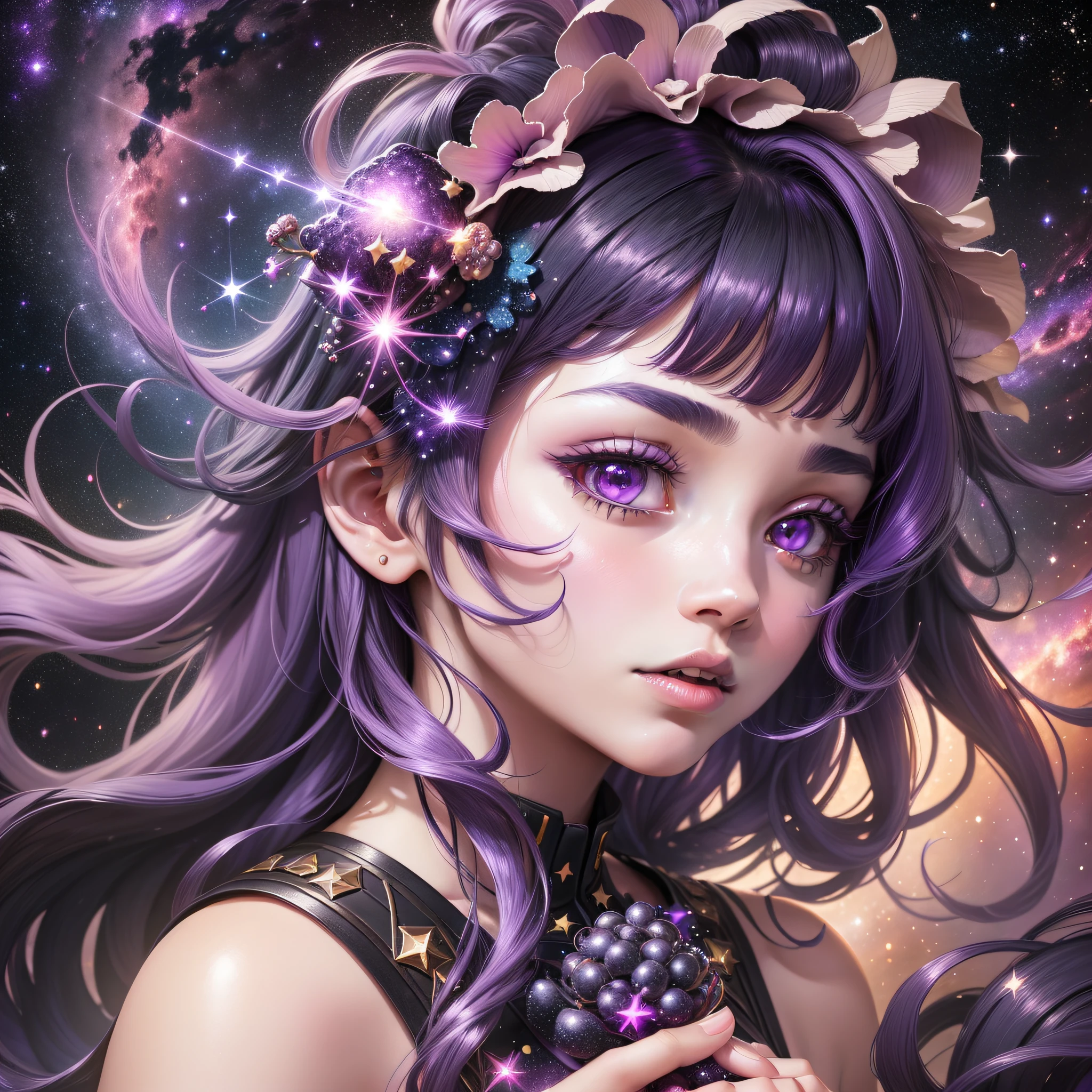 (extremely detailed CG unity 8k wallpaper,masterpiece, best quality, ultra-detailed),(best illumination, best shadow, an extremely delicate and beautiful), floating, colorful galaxy, dynamic pose, (1girl), purple eyes, (black hair, grape purple hair:1.3, light pink hair:1.2, starry galaxy hair:1.5), celestial armor, starry background, cosmic dust, nebulas, galaxy clusters, Volumetric light.