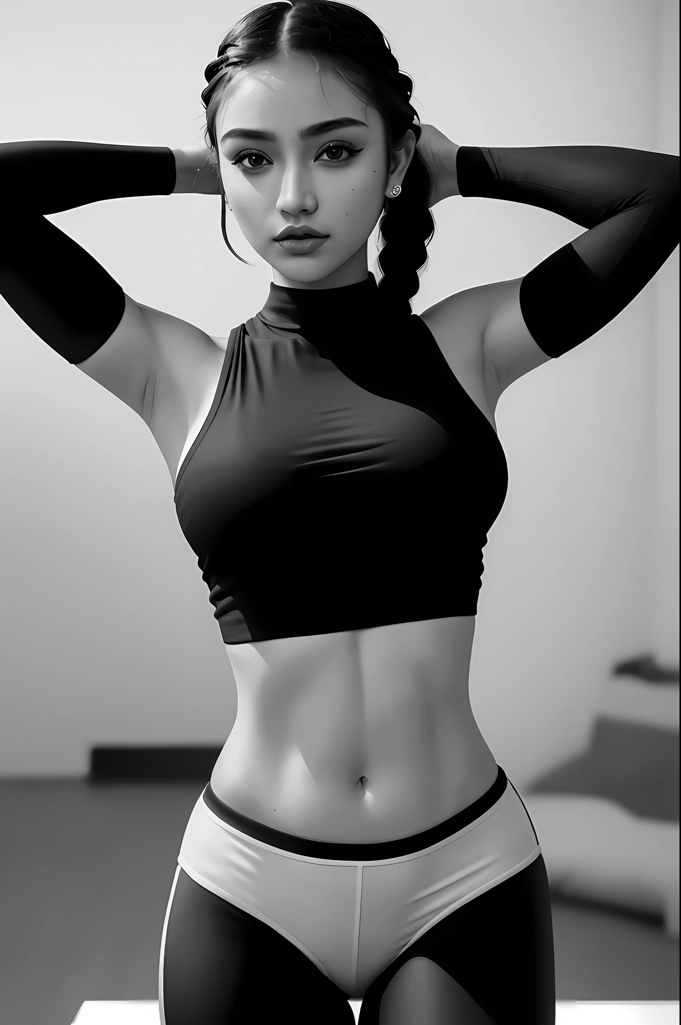 Sexy azerbaijan model posing, busty, braids, wearing crop top and yoga pants, sweaty skin, (8k, RAW photograph, ultra detailed, ultra sharp, ultra high resolution, masterpiece, in focus):1.2, 14mm 14f lens carl zeiss
