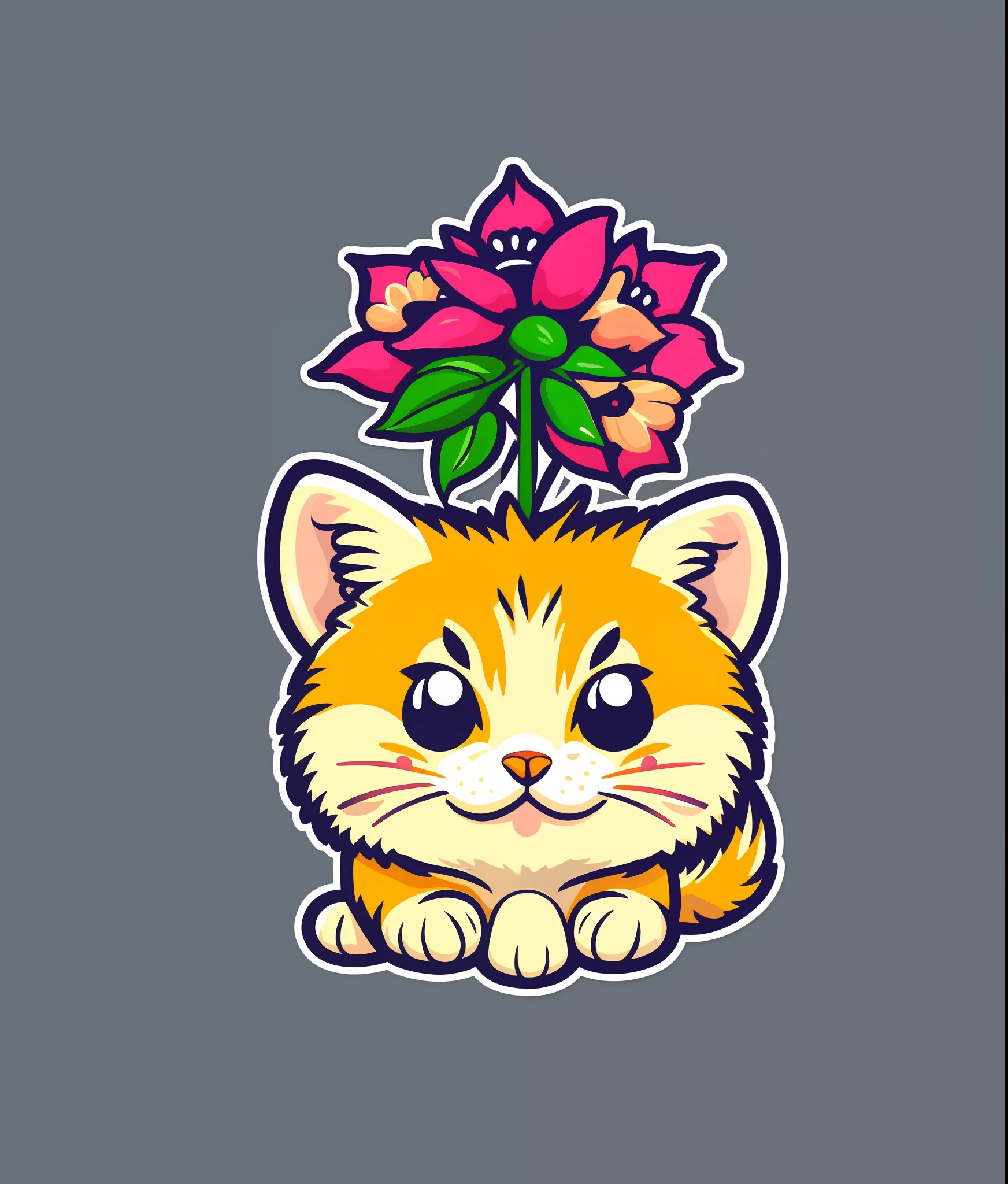 STICKER, A detailed illustration a print of vivid cute kitten head, fantasy flowers splash, vintage t-shirt design, in the style of Studio Ghibli, white and orange flora pastel tetradic colors, 3D vector art, cute and quirky, fantasy art, watercolor effect, bokeh, Adobe Illustrator, hand-drawn, digital painting, low-poly, soft lighting, bird's-eye view, isometric style, retro aesthetic, focused on the character, 4K resolution, photorealistic rendering, using Cinema 4D