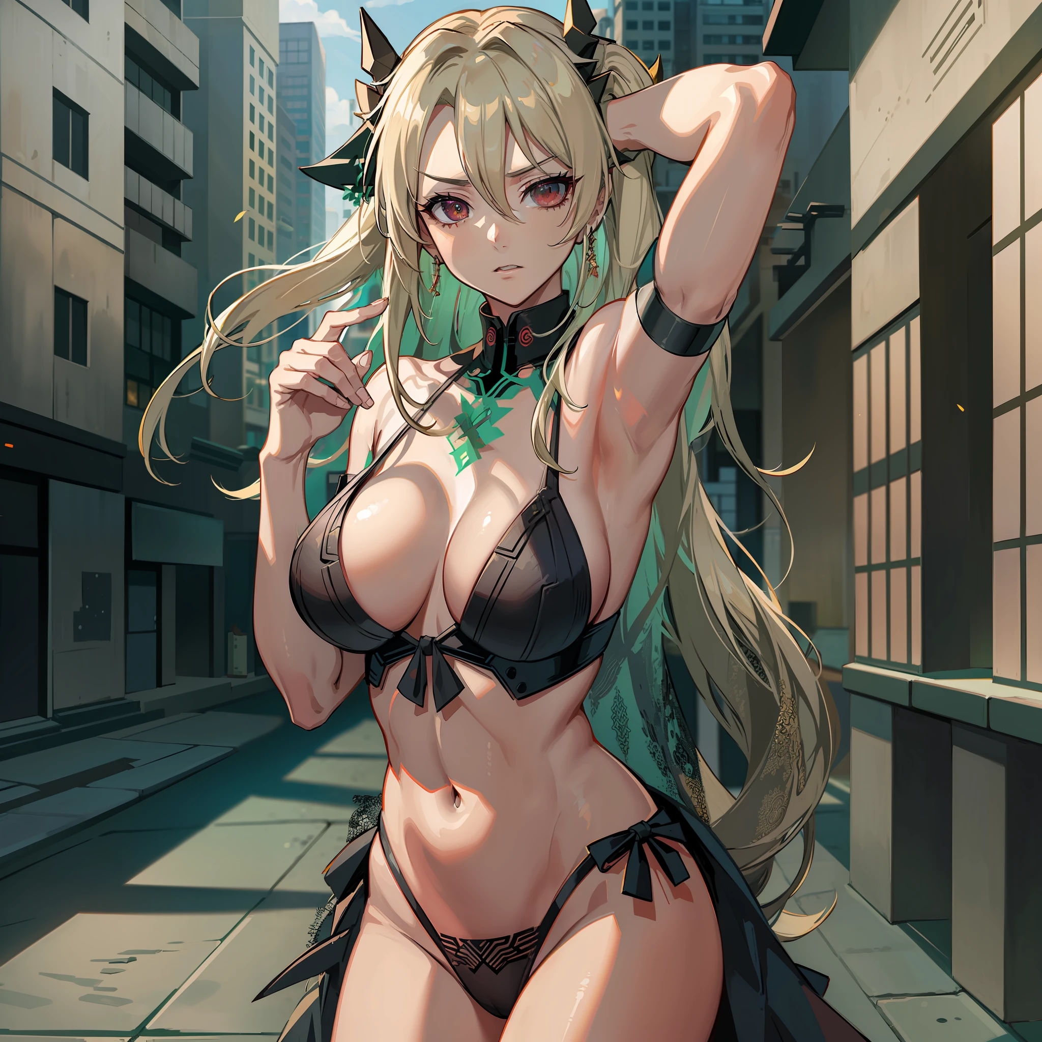 (((Tsunade))), ((Alta qualidade)), ((shadowy lighting)),apocalyptic city, uma mulher zumbi, cabelo longo preto, lingerie, olhos azuis, ((panoramic pose))