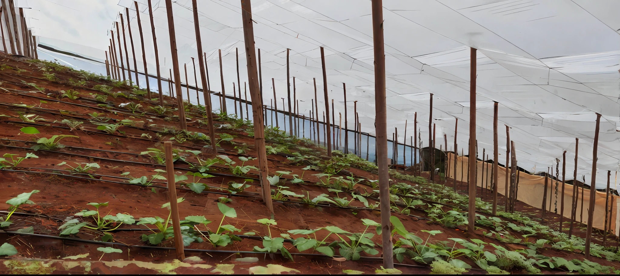 there is a man standing in a field of plants with a hose, em linhas, rows of lush crops, trepadeiras longas, greenery growing, plantas crescendo, amidst of nature fully covered, Direction: Yasushi Sugiyama, fileiras imaculadas de colheitas, vinha, trepadeiras espessas e densas, pequenas e densas vinhas intrincadas, estufa ao fundo, Tomado com Sony Alpha 9