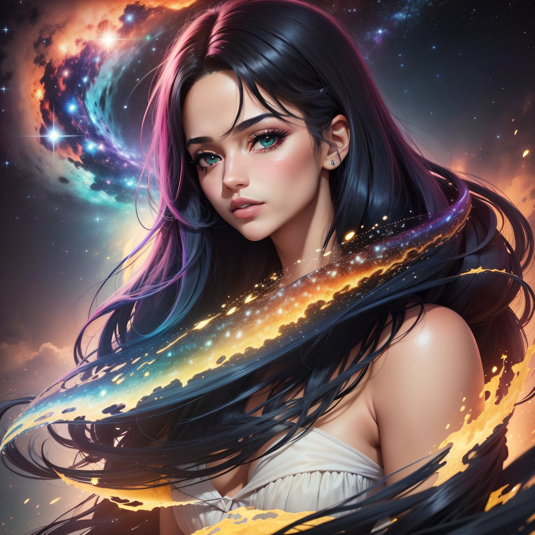 (papel de parede CG Unity 8k extremamente detalhado,obra prima, melhor qualidada, Ultra-detalhado),(best lighting, Melhor sombra, um extremamente delicado e bonito), flutuante, red and green galaxy, dynamic pose, (1 mulher nuamenina), olhos cor amarela, (black hair, cabelo azul do mar:1 mulher nua.3, cabelo rosa claro:1 Starry hair of the galaxy:1 ), Armadura Celestial, fundo estrelado, cosmic dust, Nebulosas, galaxy clusters, Volumetric light.