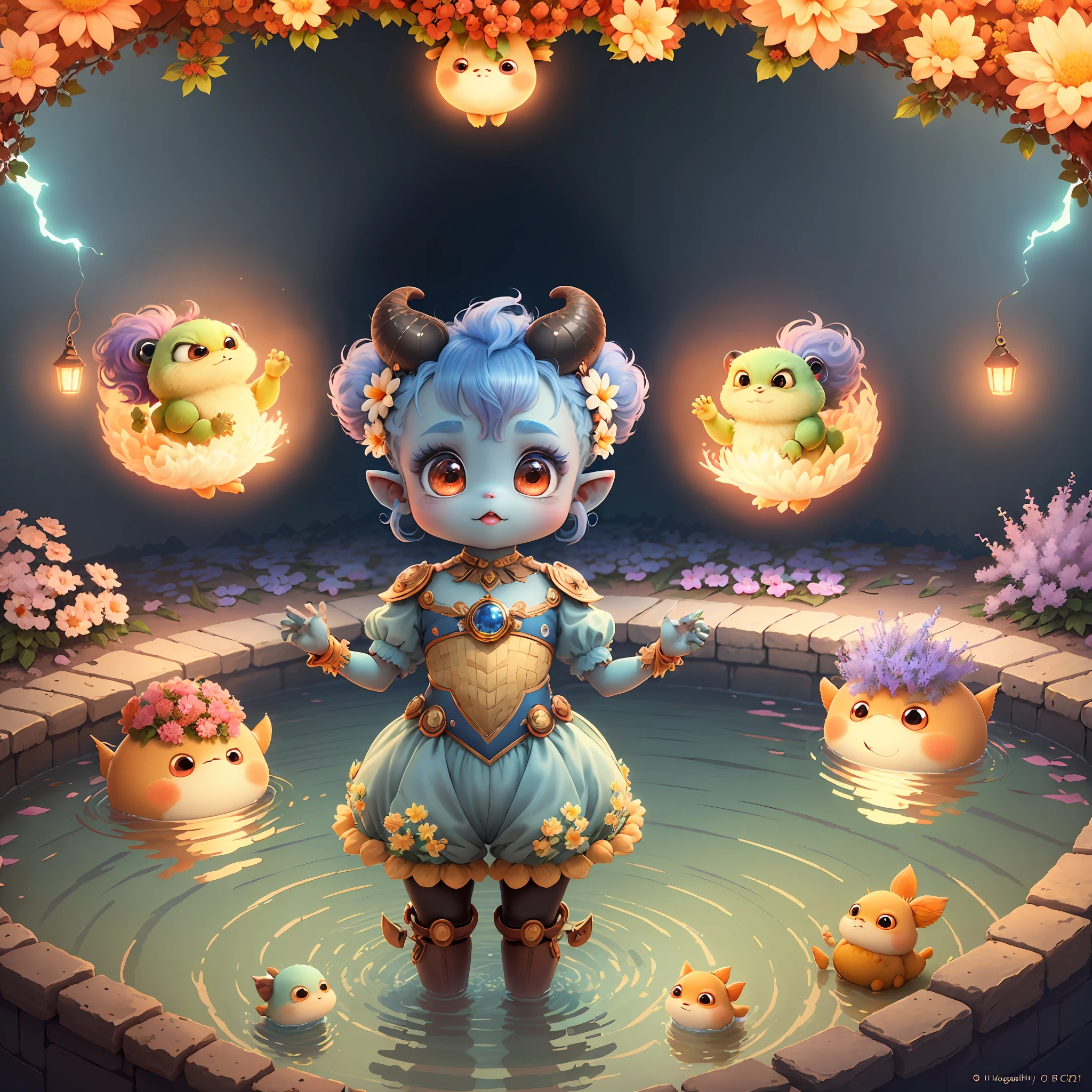 (extremely cute and delicate CG illustration, ultra-detailed and ultra-high quality), best illumination, best shadow, an extremely cute and adorable cu73cre4ture (agama), with big round eyes and a small cute mouth, small horns on its head, vibrant and vivid colors, dynamic angle, dynamic pose, floating, in a magical and enchanting place, with lush vegetation and vibrant flowers.