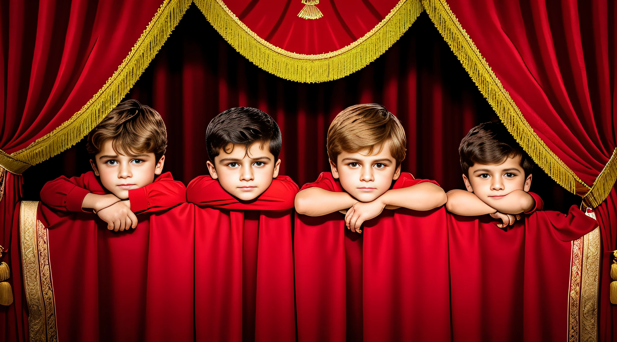 4 BOYS Russian children with 20 years of age, COM CABELO LISO LONGOS ESCUROS, COM sobretudo DE COURO VERDES, ESTILO PORTRAIT, COM FUNDO PRETO. a close up of a red curtain with a red bow, theater curtains are red, cortina vermelha, cortinas vermelhas, fundo feito de grandes cortinas, cortina, behind red curtains, Drapeja, Drapeja, Drapeja drapeadas, teatral, contra uma cortina vermelha, Nice drapes, cortina, background of classic red cloth, Drapeja de alizarina, pano vermelho