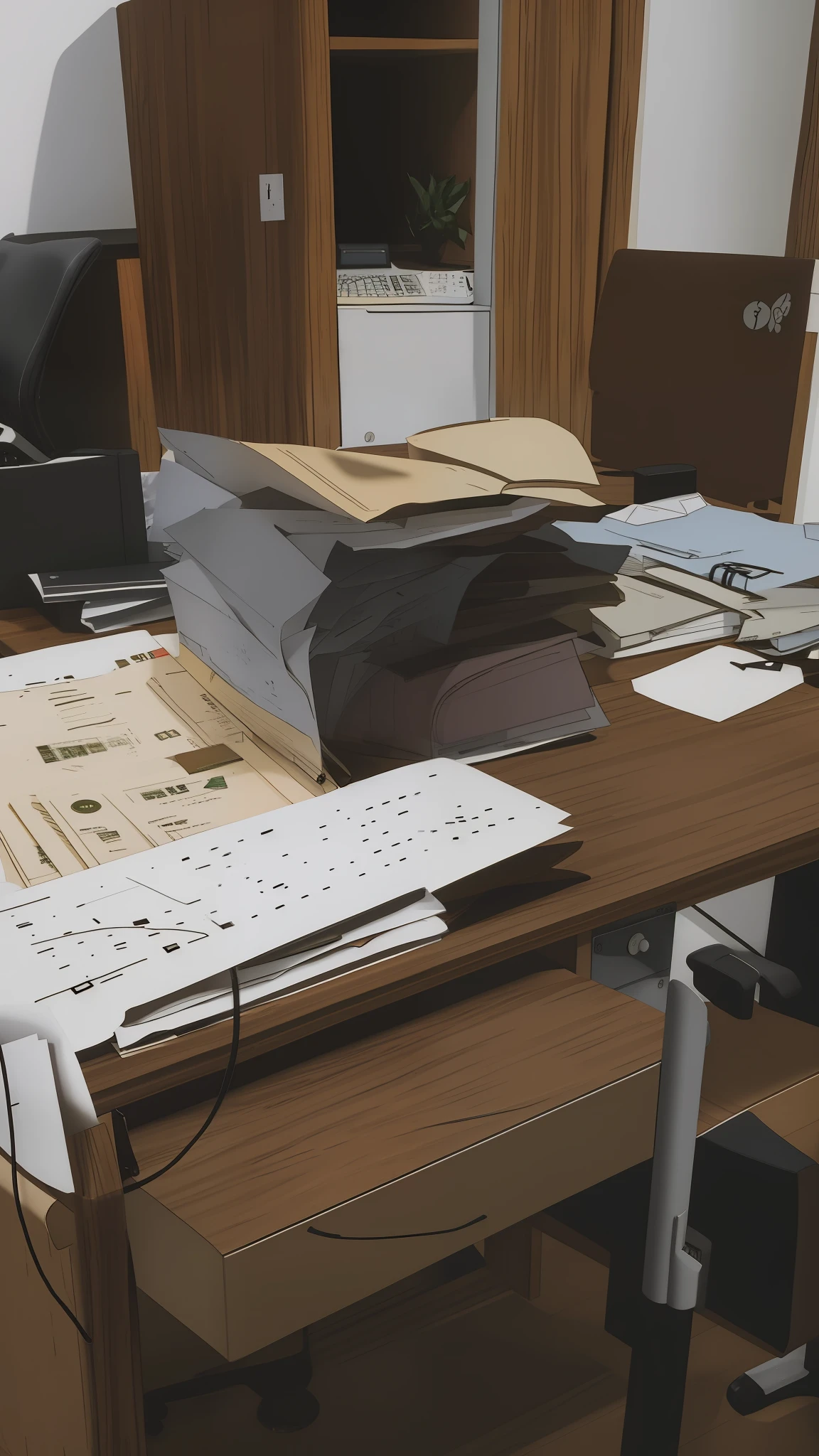 there is a desk with a keyboard and a bunch of papers on it, Artigos sobre a mesa, pilhas de papelada, in office, com um monte de coisas, in the office, many copies of them, cardboards ; mess, in an office, imagem vazada, papers, tentando estudar, empilhados, loose papers, material de arquivo, working in an office. Estilo ghibli --auto --s2