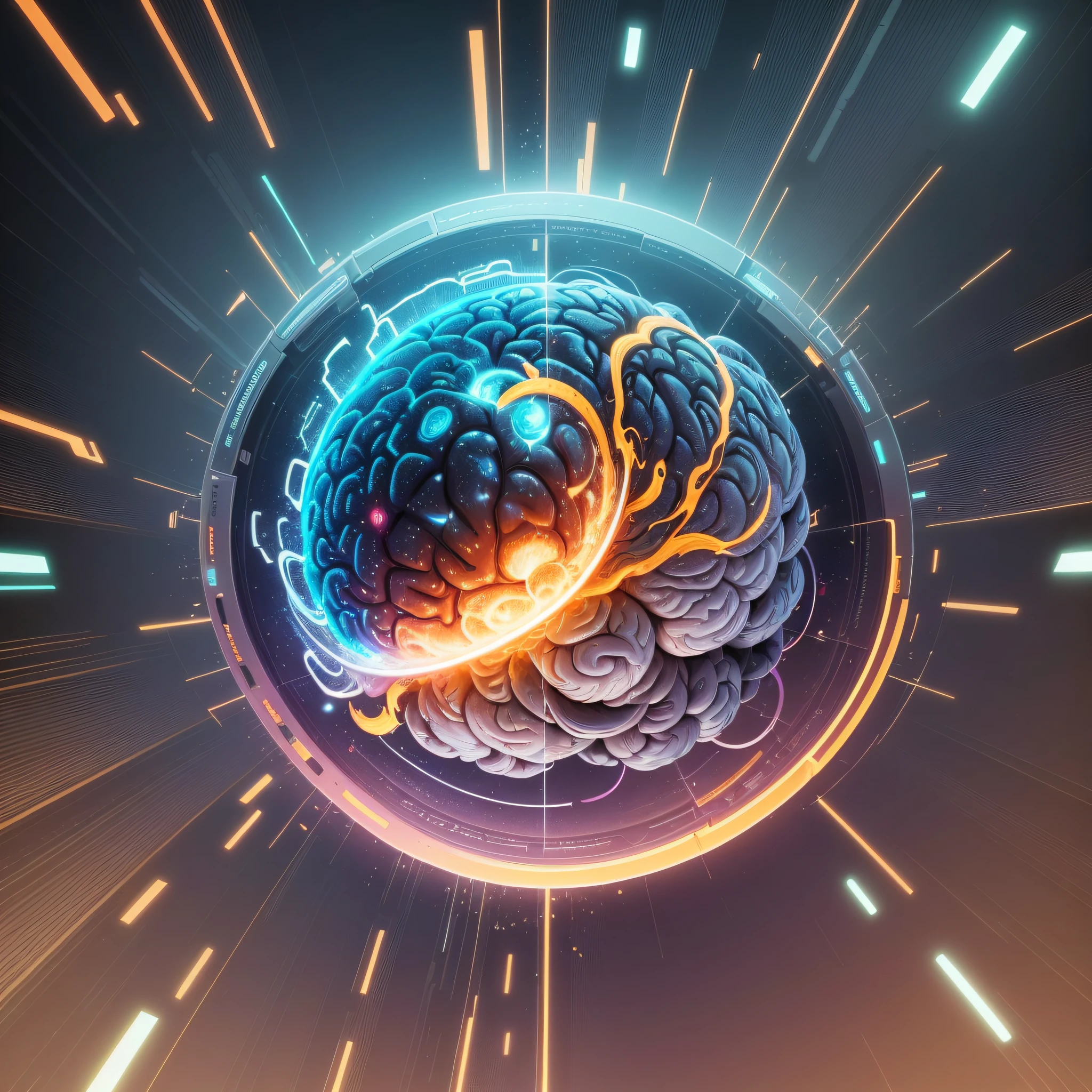 CREATE AN IMAGE OF A BRAIN BASED ON FUTURISTIC ARTIFICIAL INTELLIGENCE Digital Illustration: A digital illustration depicts a loose futuristic brain, Hovering in space. The brain is represented with abstract shapes and fluid lines, conveying a sense of movement and energy. Vibrant cores, como laranja, verde e amarelo, fill the brain, criando um contraste marcante com o fundo escuro. The lighting is intense, highlighting image detail and depth. --em 5 --Estilizar 1000 --auto --s2