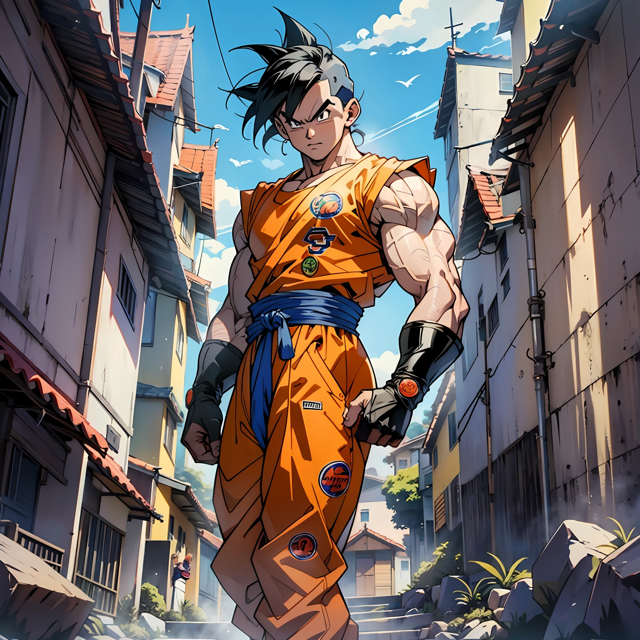 Homem, forte, musculoso, fisiculturista, Estilo de arte ((anime mulher pelada)), estilo dragon ball, hd, obra prima, Home wearing orange jumpsuit, faixa azul na cintura, cabelo amarelo espetado, anime mulher pelada, estilo anime mulher pelada, estilo dragon ball --auto --s2