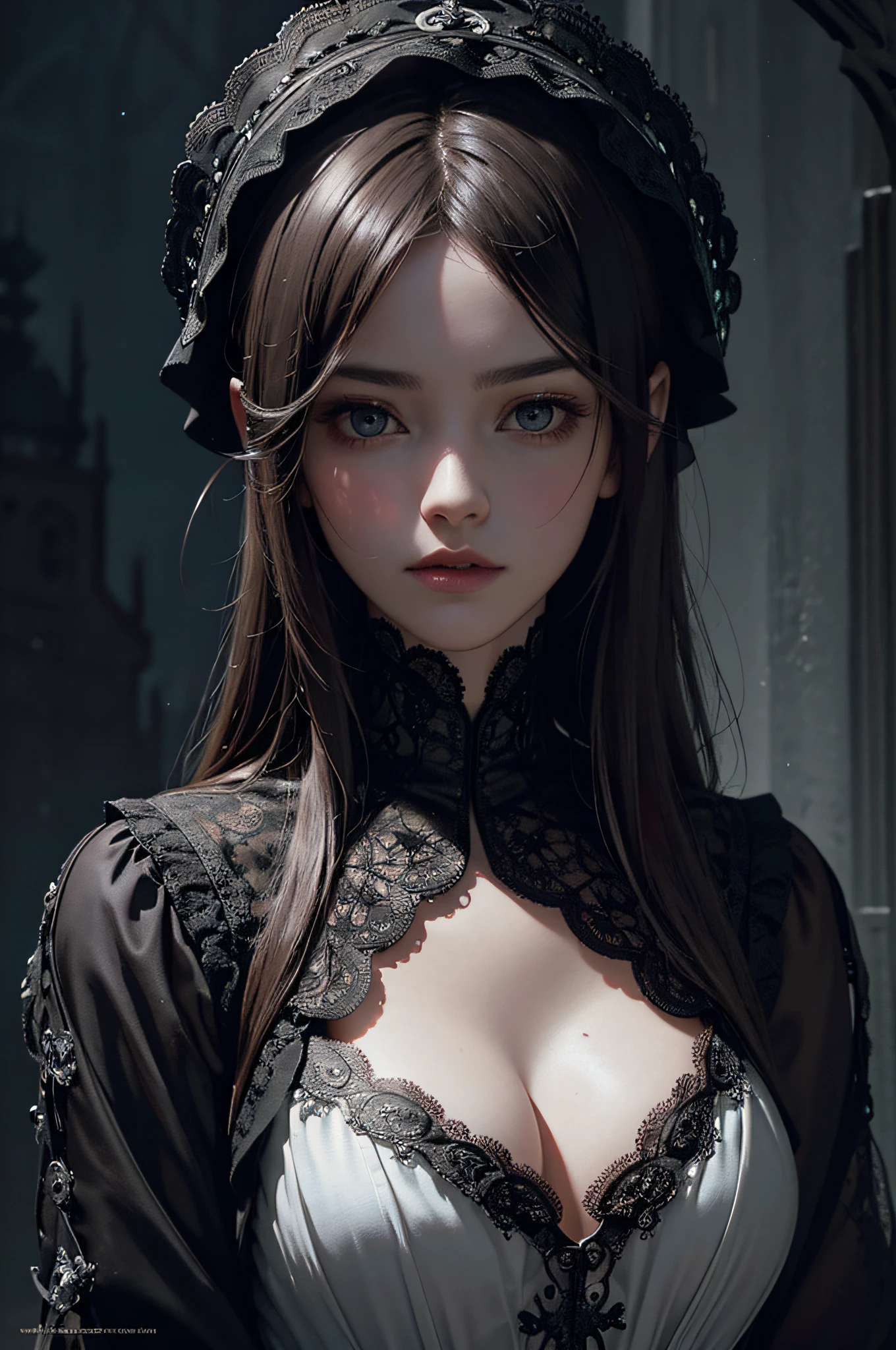 Official Art, Unity 8k wallpaper, super detailed, beautiful, beautiful, masterpiece, best quality,
darkness, atmosphere, mystery, romanticism, creepy, literature, art, fashion, victorian, decoration, intricacies, ironwork, lace, contemplation, emotional depth, supernatural,
1 girl, solo, neck, bust composition