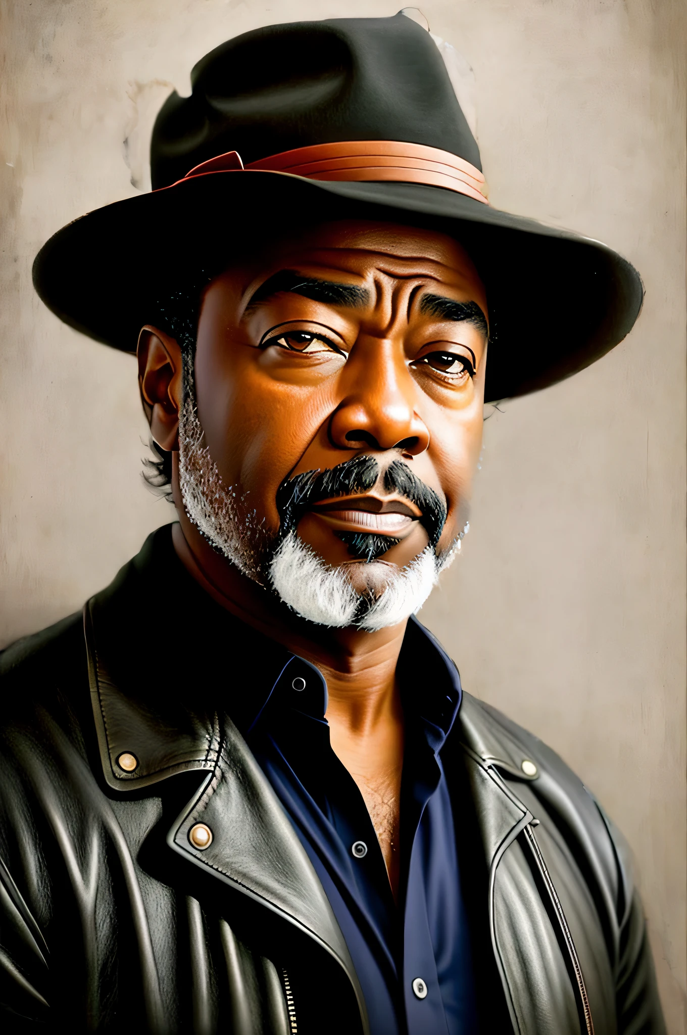 a closeup of Les Brown wearing a hat and a leather jacket, retrato do homem velho, pintura digital ultra realista, roupas modernas realistas, pintura digital fotorrealista, pintura digital realista, pintura digital hiper realista, extremely detailed oil portrait, prize-winning oil painting, photorealism oil painting, pintura digital hiper-realista