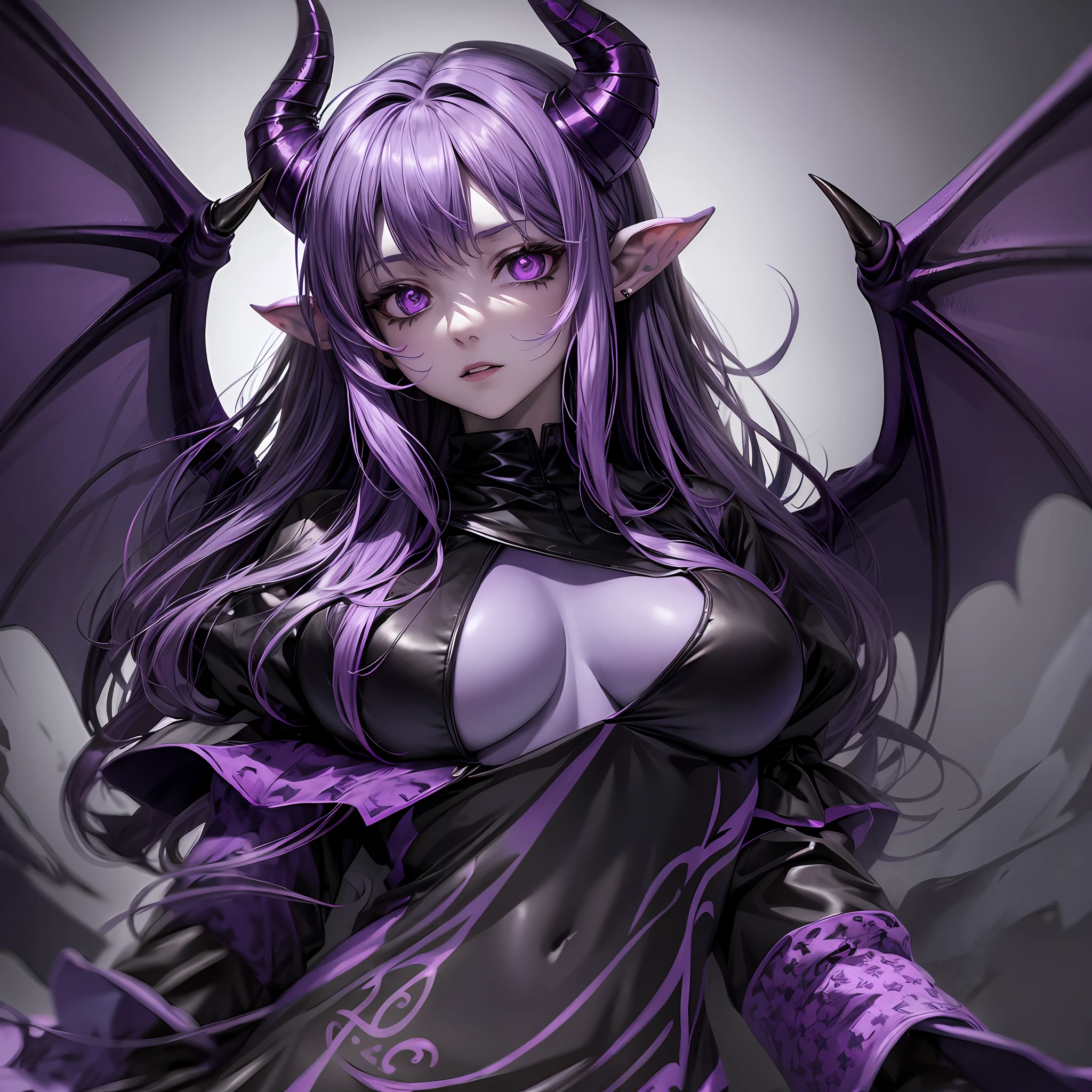Demon girl, with ((horns and wings)) and (((purple skin)), normal clothes, total skin purple