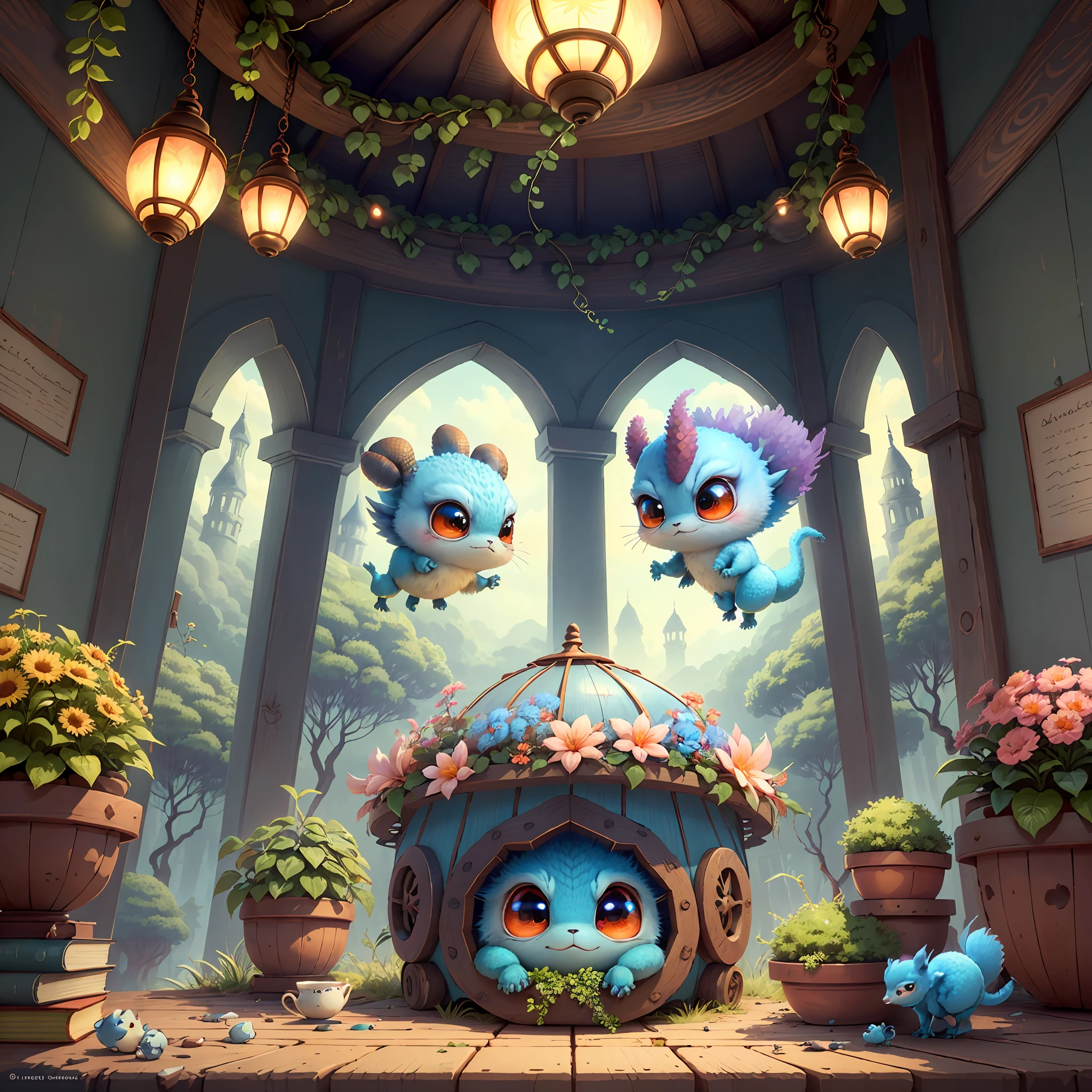 (extremely cute and delicate CG illustration, ultra-detailed and ultra-high quality), best illumination, best shadow, an extremely cute and adorable cu73cre4ture (agama), with big round eyes and a small cute mouth, small horns on its head, vibrant and vivid colors, dynamic angle, dynamic pose, floating, in a magical and enchanting place, with lush vegetation and vibrant flowers.