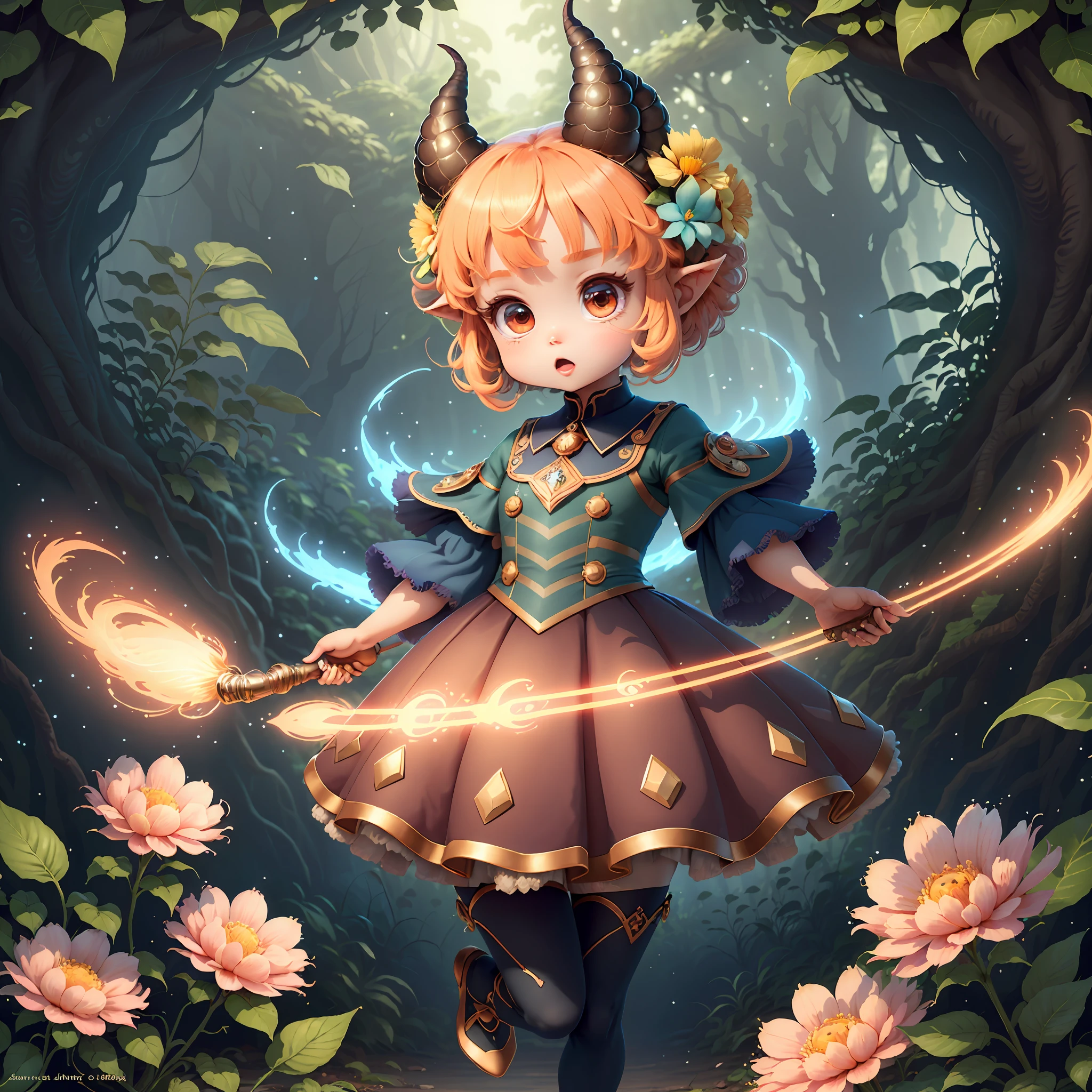 (extremely cute and delicate CG illustration, ultra-detailed and ultra-high quality), best illumination, best shadow, an extremely cute and adorable cu73cre4ture (agama), with big round eyes and a small cute mouth, small horns on its head, vibrant and vivid colors, dynamic angle, dynamic pose, floating, in a magical and enchanting place, with lush vegetation and vibrant flowers.