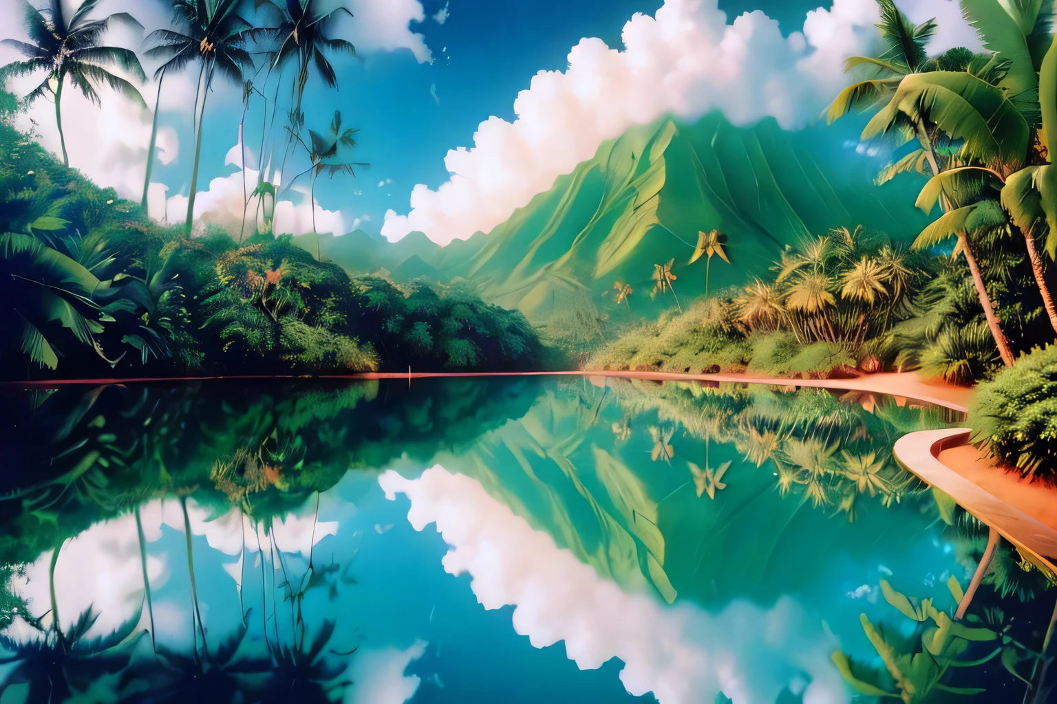 lush jungle, hawaii, palms, pineapples, clouds, surreal landscape, translucent, reflected, refracted, detailed, wide shot, travel magazine photoshoot, futuristic, chrome outfit, photo in 90's travel style, medium format, fuji superia 400, iso 400, surrealistic, 8k