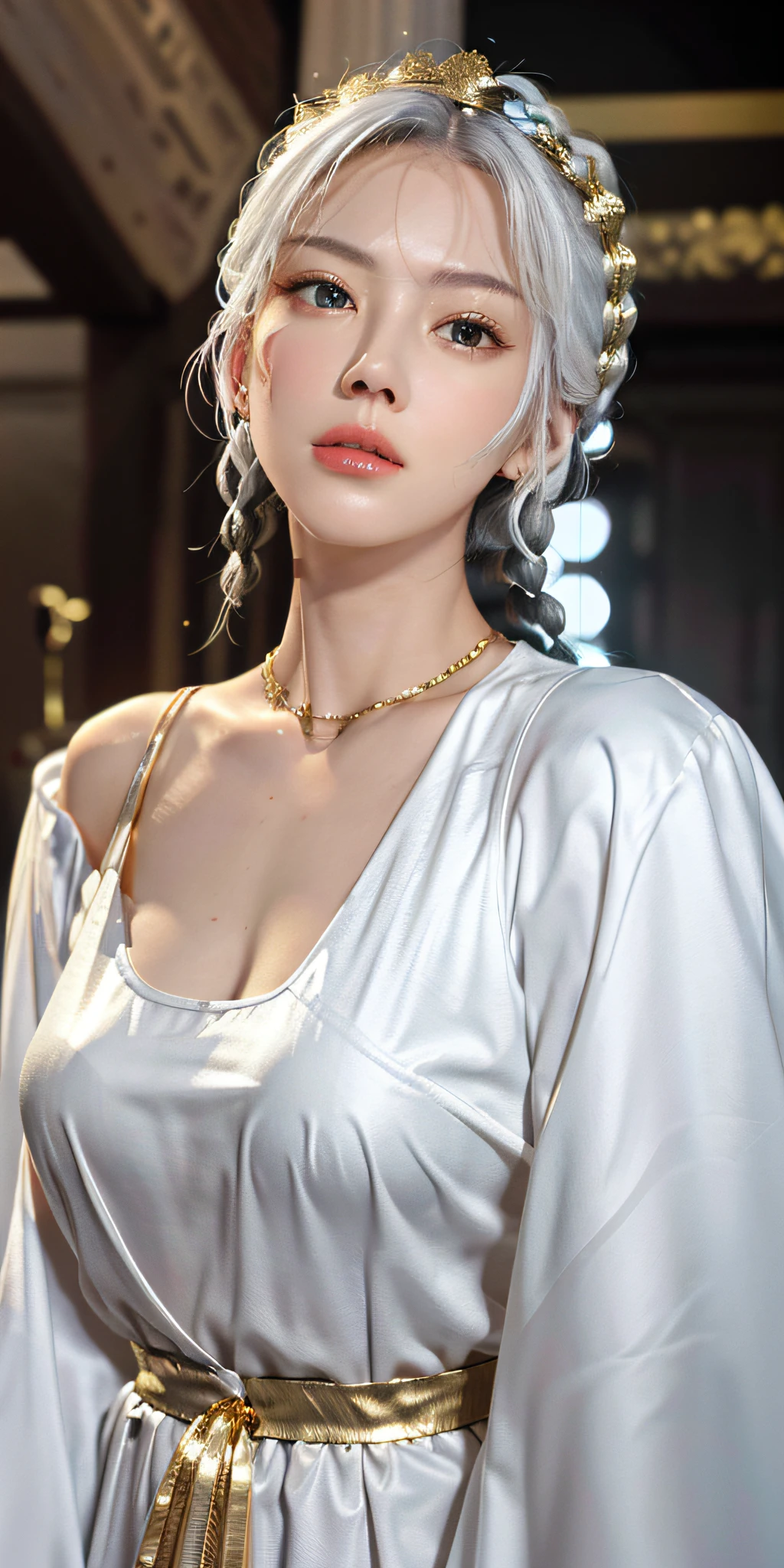 best quality, masterpiece,white hair, gold eyes,white clothes, looking up, upper body,hair strand,Fair skin,side braids