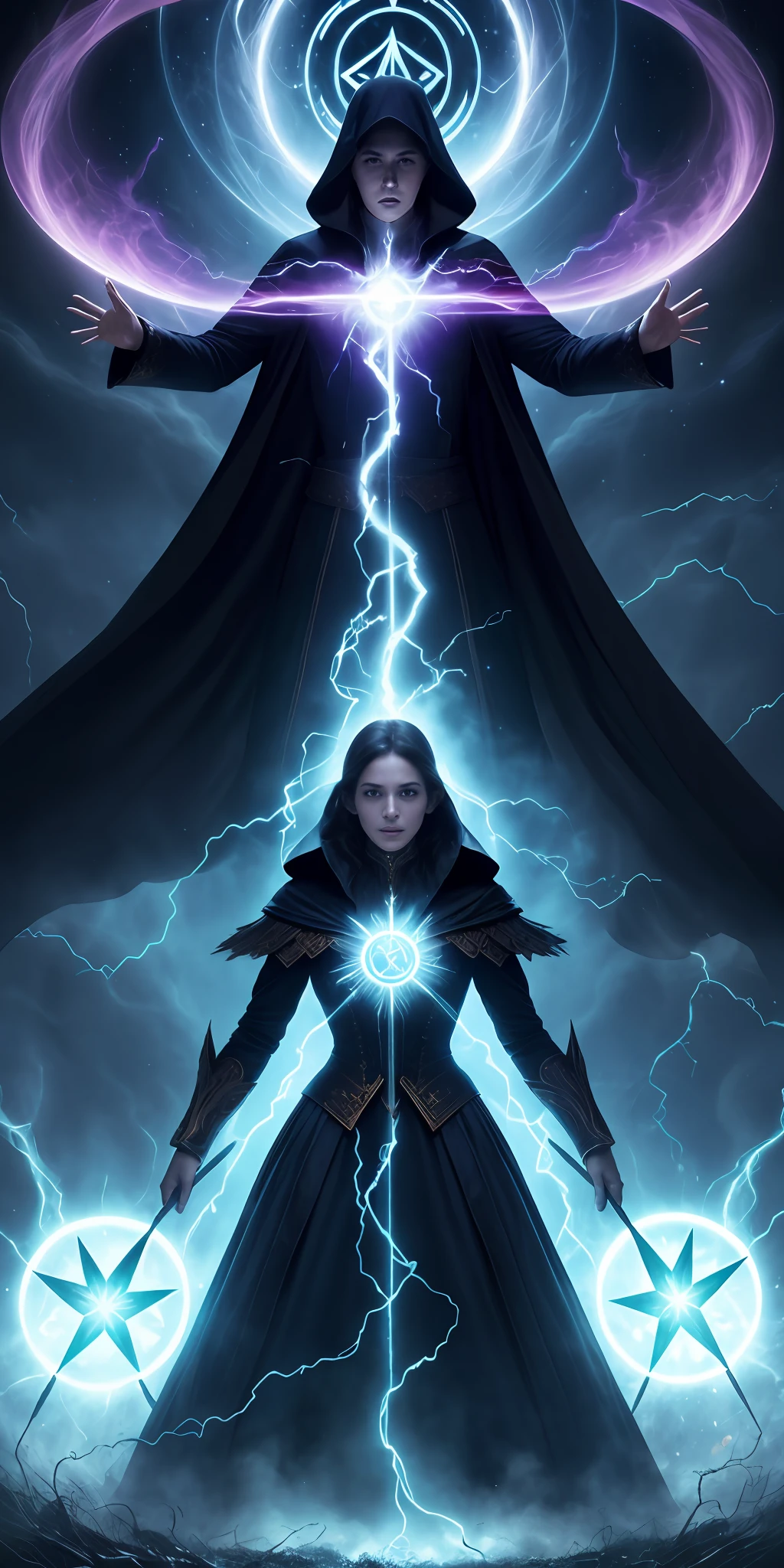 In a desperate scenario, A group of mystical magicians gathers, radiating an aura of unparalleled power. Their costumes are impregnated with arcane symbols, enquanto seus olhos brilham com uma intensidade sobrenatural. With outstretched hands, eles canalizam energias ancestrais, Conjuring spells to contain the devastation caused by technological uncontrollability. The air around them distorts with magical intensity, creating a protective barrier against impending destruction. Every movement is an act of defiance of logic and reason, as they confront the unbridled power of technology with the relentless force of mysticism.