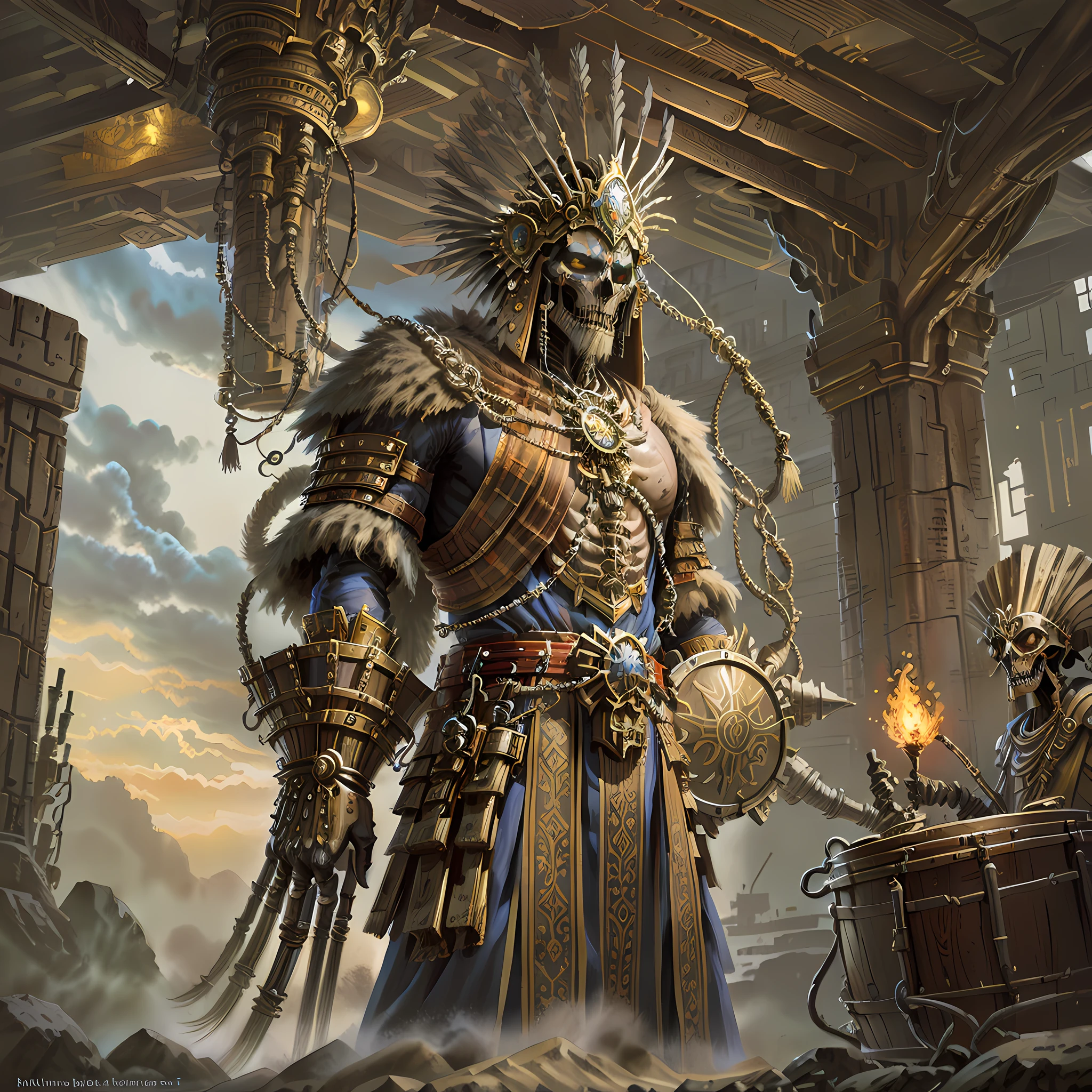 there is a man in a costume standing in a building, kaladesh concept art. mechanical, magic the gathering card art, magic the gathering art, magic : the gathering art, magic the gathering concept art, collectible card art, mtg art, kaladesh, full art, an epic majestical degen trader, fantasy card game art, magic the gathering artwork,Cyberpunk mechanical skeleton shamans wield king drums and whips stand above the wasteland of various prayer flags and dragon da --auto --s2