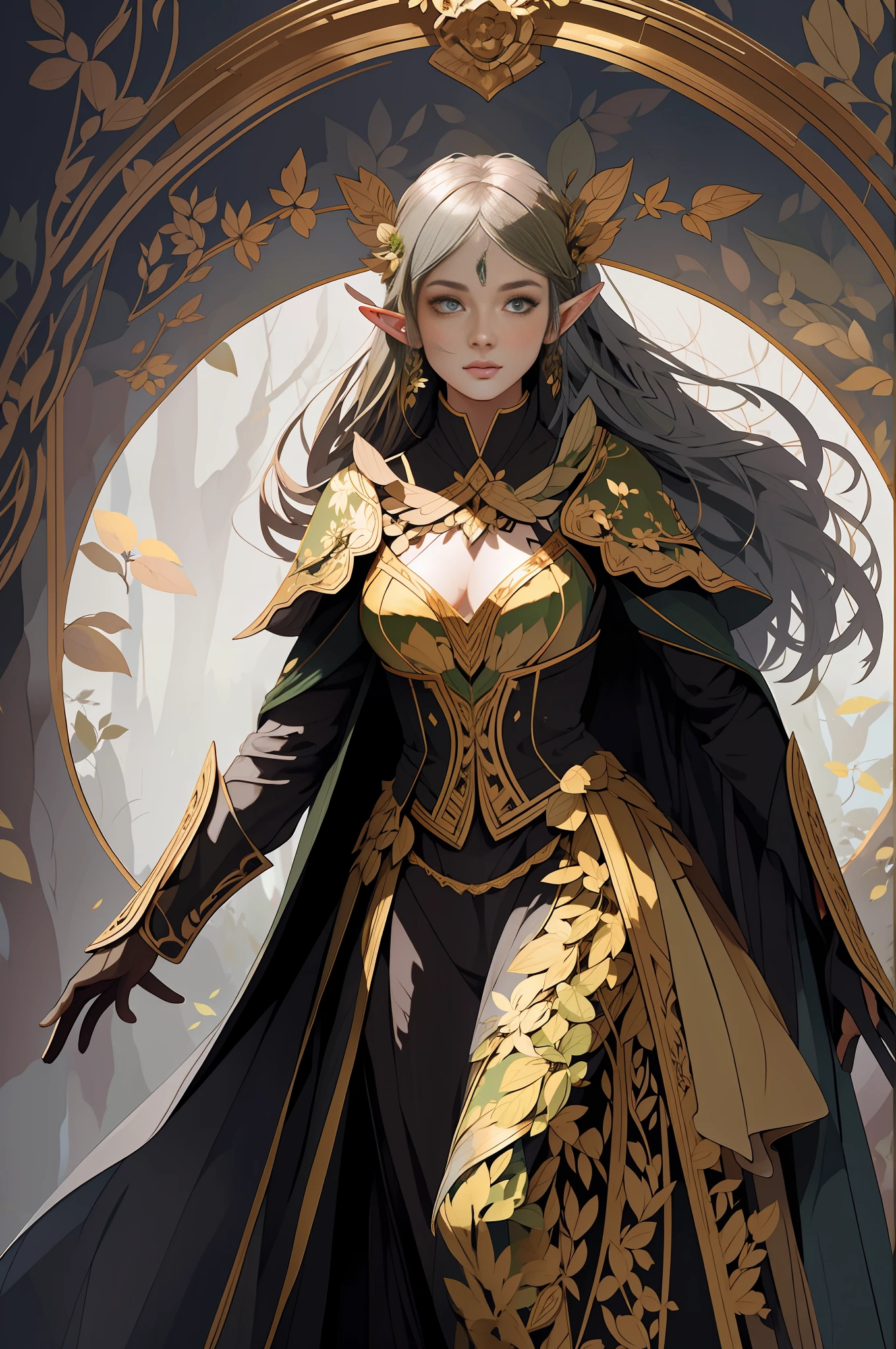 elf woman, green clothes, full body standing on a forest, flowers and leaves, very lit forest background with many flowers and leaves, minimalistic, unfinished, concept art, by Brian Froud and Carne Griffiths and Wadim Kashin and John William Waterhouse, intricate details, 8k post production, high resolution, hyperdetailed, trending on artstation, sharp focus, studio photo, intricate details, highly detailed, by greg rutkowski