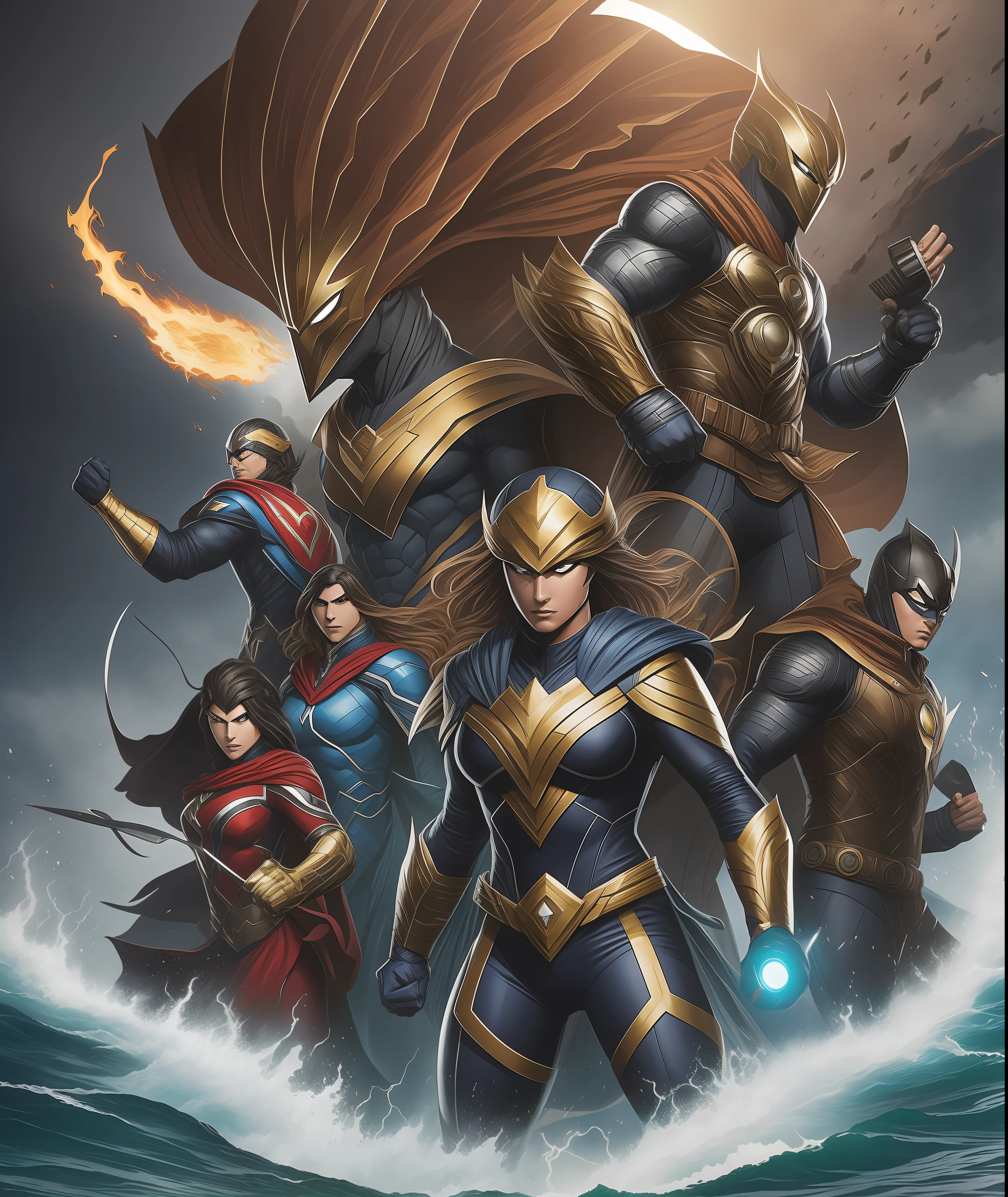 Uma equipe de super herois com 8 integrantes,4 men, 3 women and 1 monster with water power,fogo,raio,vento,velocidade,strength,magnetismo,gelo,todos com roupa da cor do elemento de cada