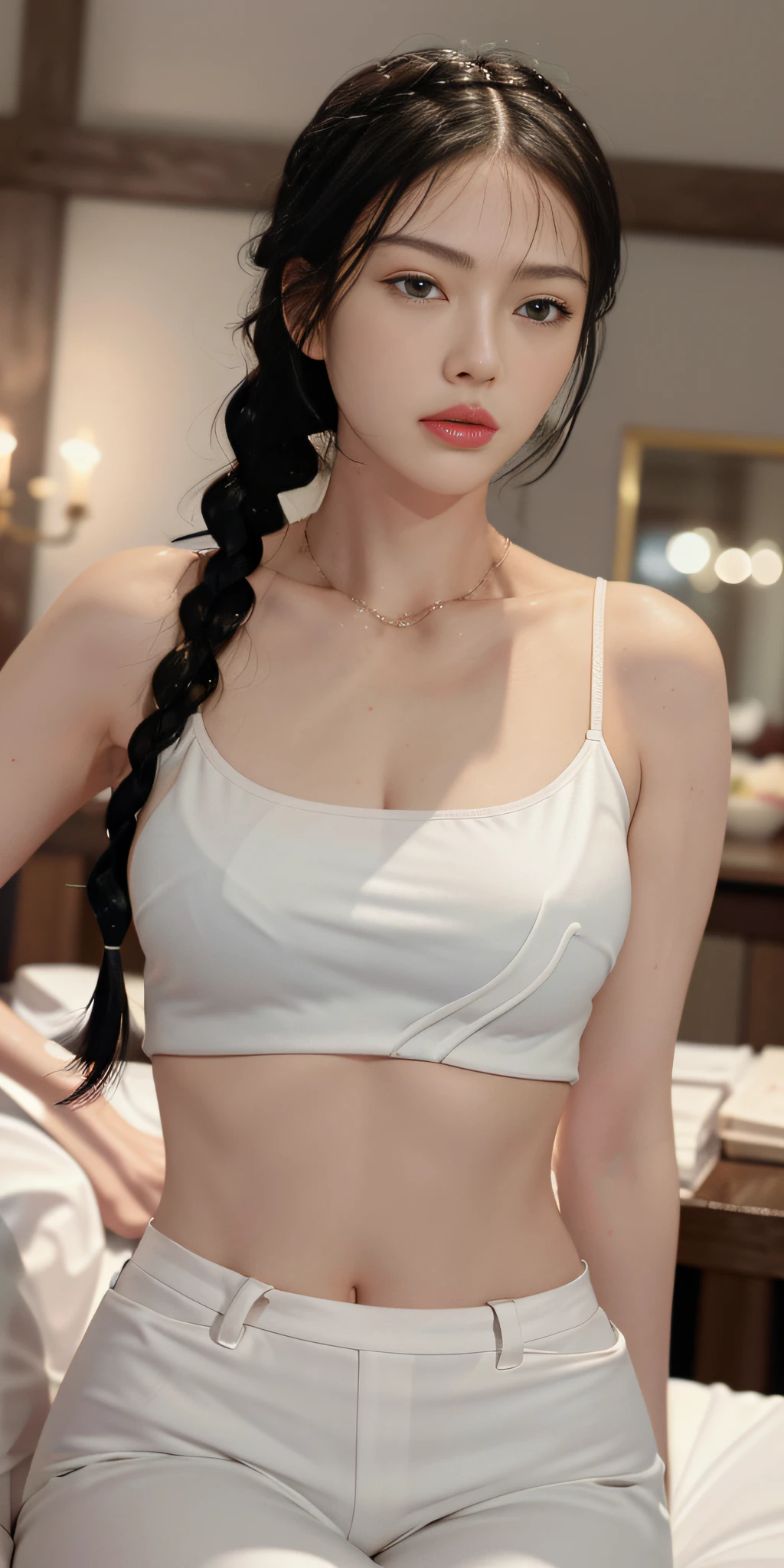 best,a masterpiece,hakuhatsu,Golden eyes,Low-cut white clothes,look up,narrow waist,upper half body,hair strand,fair skin,side braids