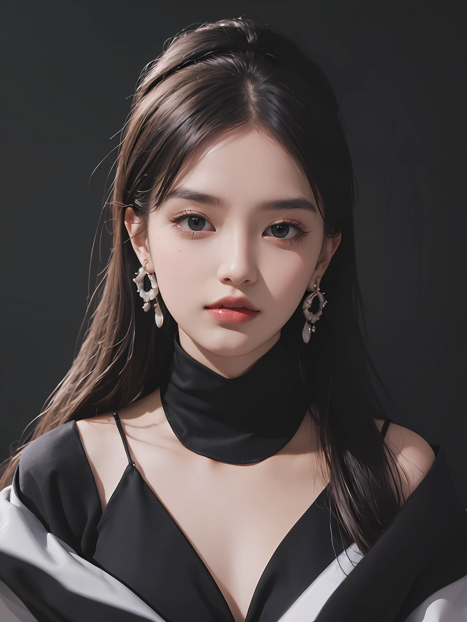 real photo of a fashion beautiful woman wearing big earrings with dark black background --auto --s2