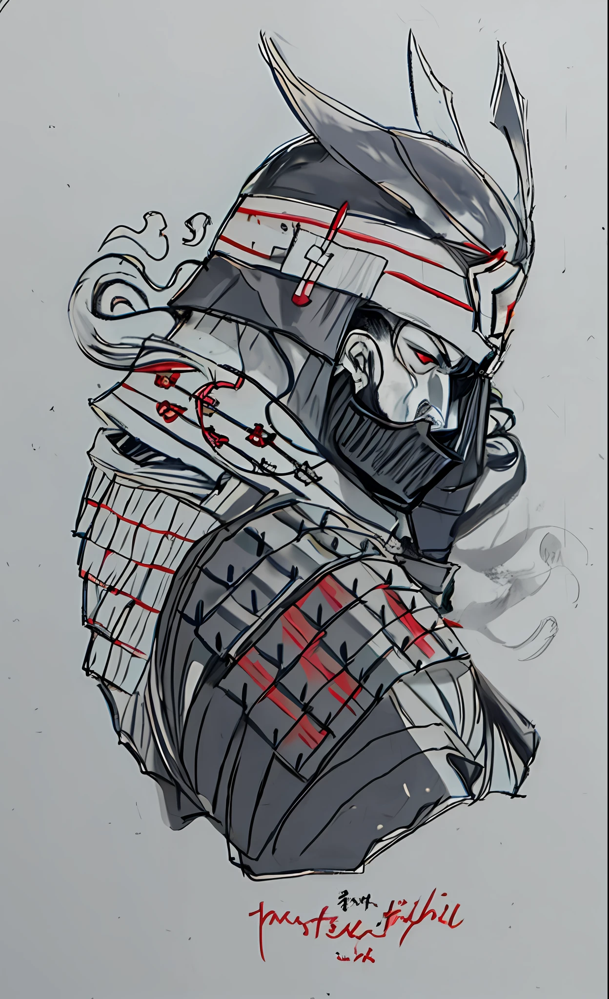 um desenho de um samurai com um capacete e uma espada, inspired by Kanō Sanraku, samurai correntes tinta mortos-vivos, detalhado,inspired by Kanō Hōgai, line sketch, outline sketch, inspired by Ryūkōsai Jokei, arte conceitual do trabalho de linha, inspired by Kikuchi Yōsai