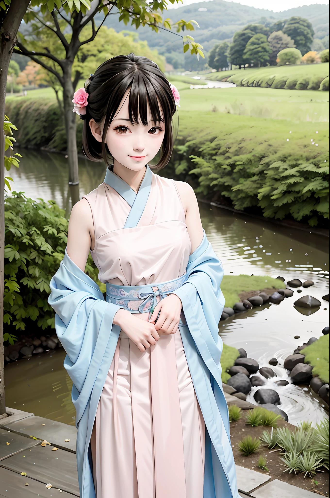 (masterpiece),best quality,good anatomy, shuimobysim,(1 girl:1), (upper body),(smile),short hair,(hanfu),(ecchi0.5), (trees:0.5), (flowers:0.6) ,(wooden house:0.2),(bamboo forest:0.2),(creek:0.2),(river:0.2),