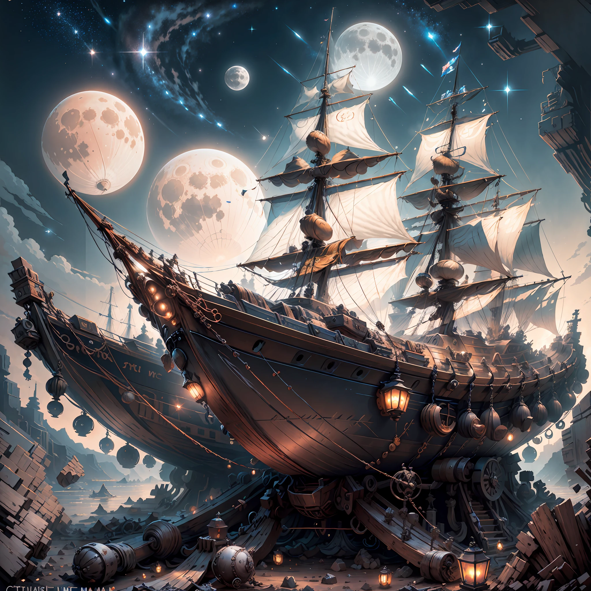 Create an image using a boat style caravels, representing by a starry sky, the full moon view of mars --auto --s2