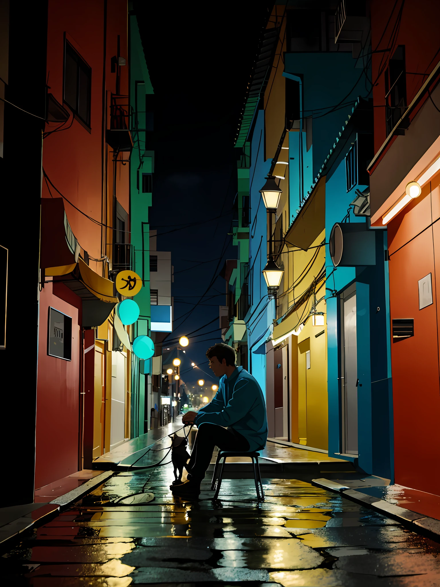 Photo of a man sitting on an 8k sidewalk, rua da cidade, noite escura , Low lighting, um cachorro 8k deitado ao lado esquerdo, uma bicicleta encostada