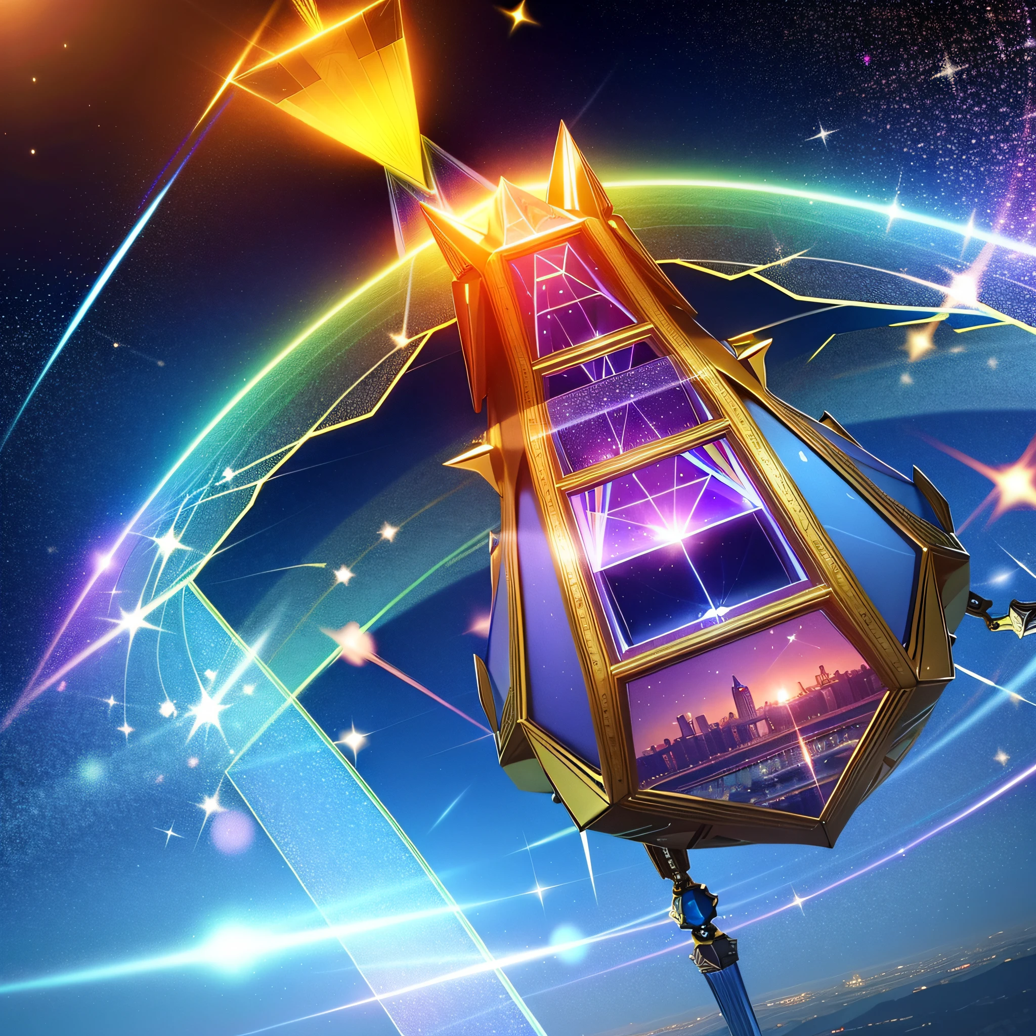 super high definition。Near the city of the future。cosmic。Sacred geometric pattern。Shining golden aura。Glossy and intricate design。Crystal pyramid emitting iridescent laser light。
