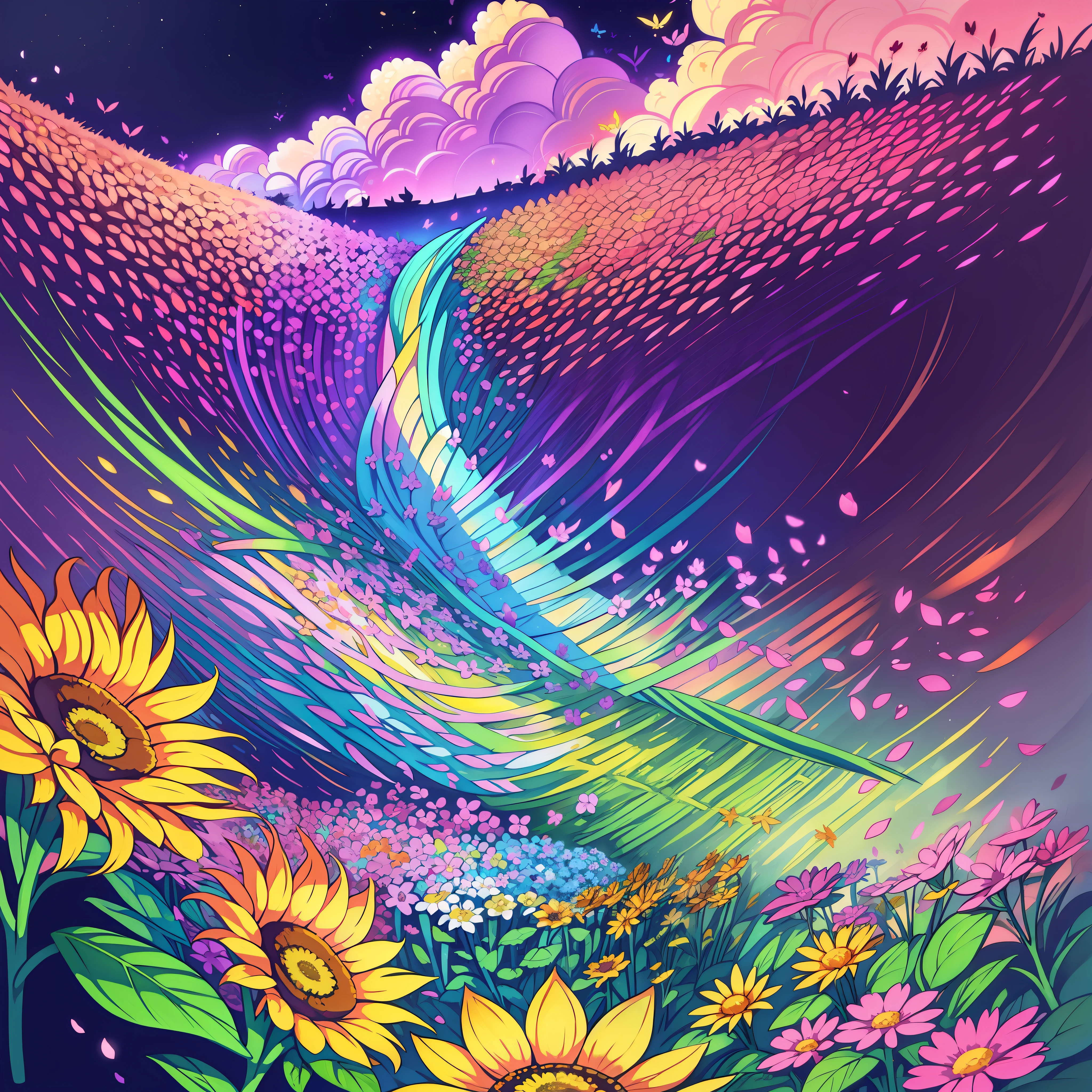 The background features a vast and lush field, filled with colorful and vibrant flowers that dance softly in the wind. A profusion of daisies, sunflowers, tulips and other enchanting flowers fill the space, creating a cheerful and lively color palette.

Among the flowers, small butterflies glide gracefully, their glowing wings catching the sun's rays. As they fly, bright trails are left in the air, creating a magical and mysterious sensation.

In the clear blue sky, fluffy, white clouds float gently, taking on fun and friendly shapes. They seem to smile at the flowers below, spreading an atmosphere of joy and fun.

In the center of the background, a large rainbow stretches across the horizon, its vibrant colors shining brightly. It seems as if a shower of magical colors has painted the sky, adding a special touch of charm to the environment.

Around the flowers, small magical beings hide in the foliage. Curious fairies with delicate, glowing wings fly between the petals, scattering stardust that twinkles in their wake. Little elves hide in the treetops, watching with bright eyes and mischievous smiles.

The background conveys a sense of wonder and enchantment while maintaining a childlike artistic style. The strokes are smooth and rounded, as if they had been hand-drawn by a child, emphasizing the innocence and magic of the child's imagination.

This captivating and magical background would be perfect for a children's book, a fairy tale illustration, or any project that wishes to capture the beauty and fun of the children's world.