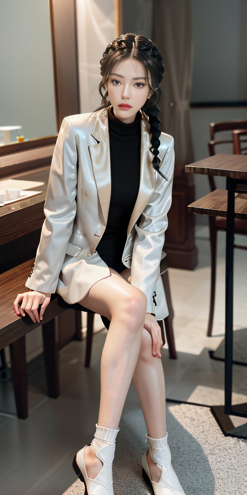 Best,a masterpiece,Gray hair,Golden eyes,white coat,look up,sitting,your legs,FULL-body shooting,hair strand,fair skin,One side braid