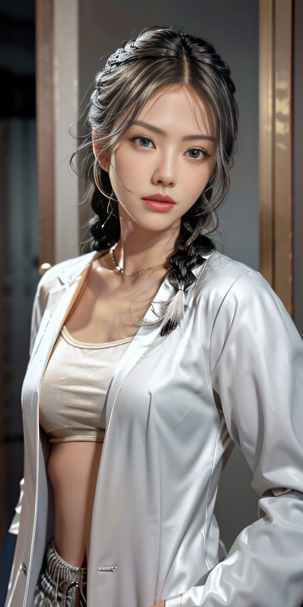 best,a masterpiece,Gray hair,Golden eyes,white coat,look up,upper half body,hair strand,fair skin,One side braid