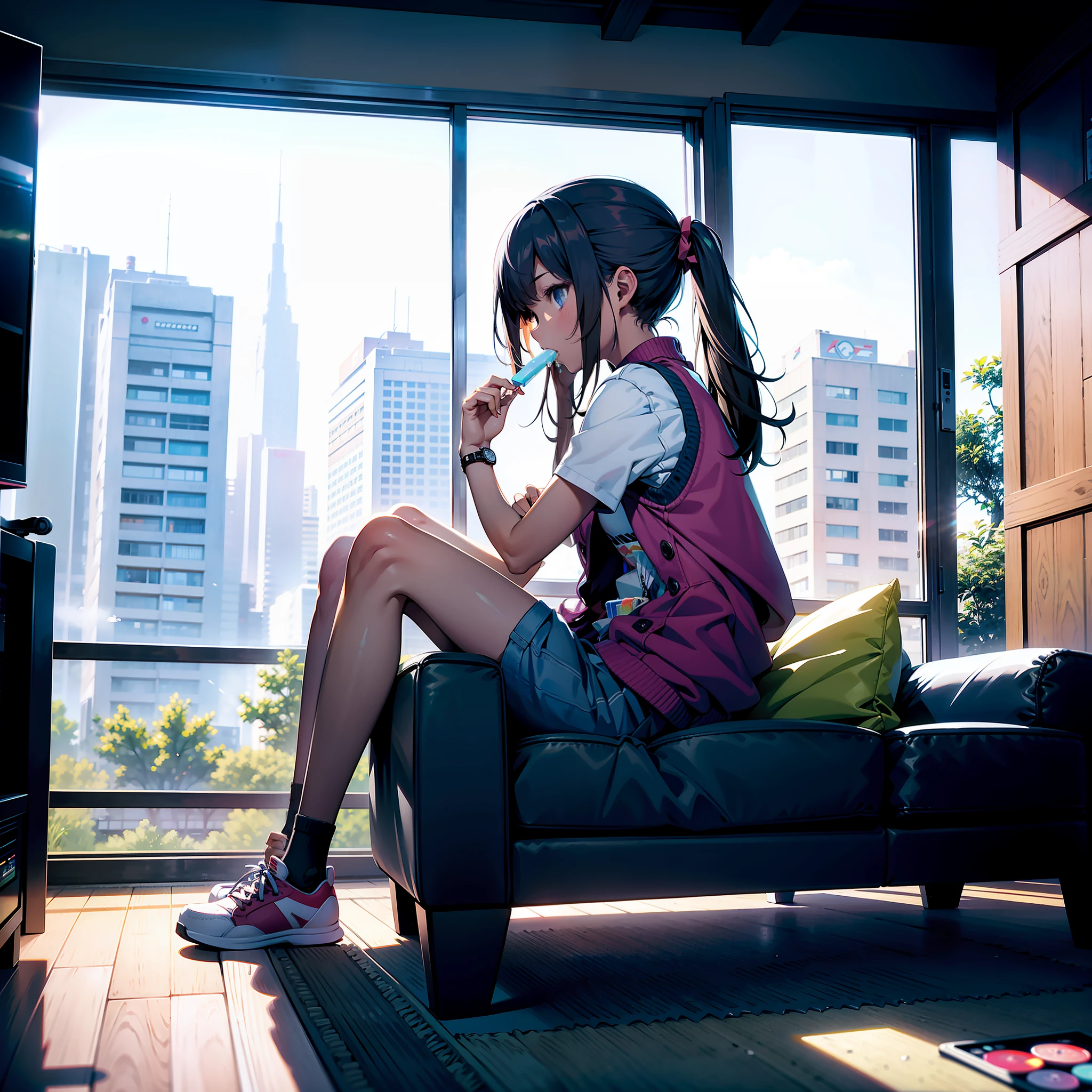 Teenage girl in vest sitting on the floor of the living room fiddling with a gamepad，Watch TV，In the distance is the balcony，Hold a melted popsicle in your mouth，Side view，Side face，The saturation is slightly lower