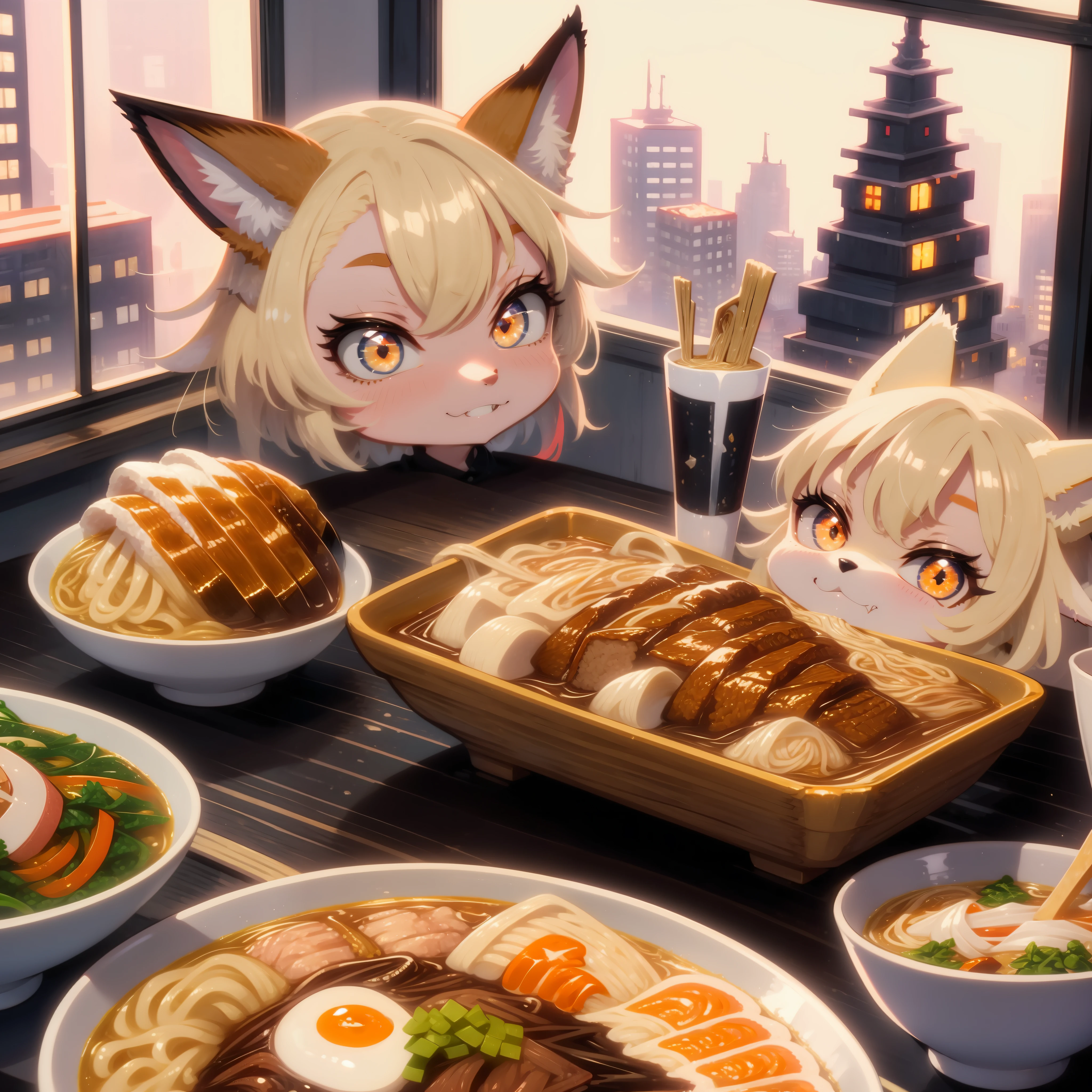 (One Adorable fox eats ramen), Cute fangs, open smile, Pixar urban-style, The window of the city behind it, 4K, a lot of different food on the table
