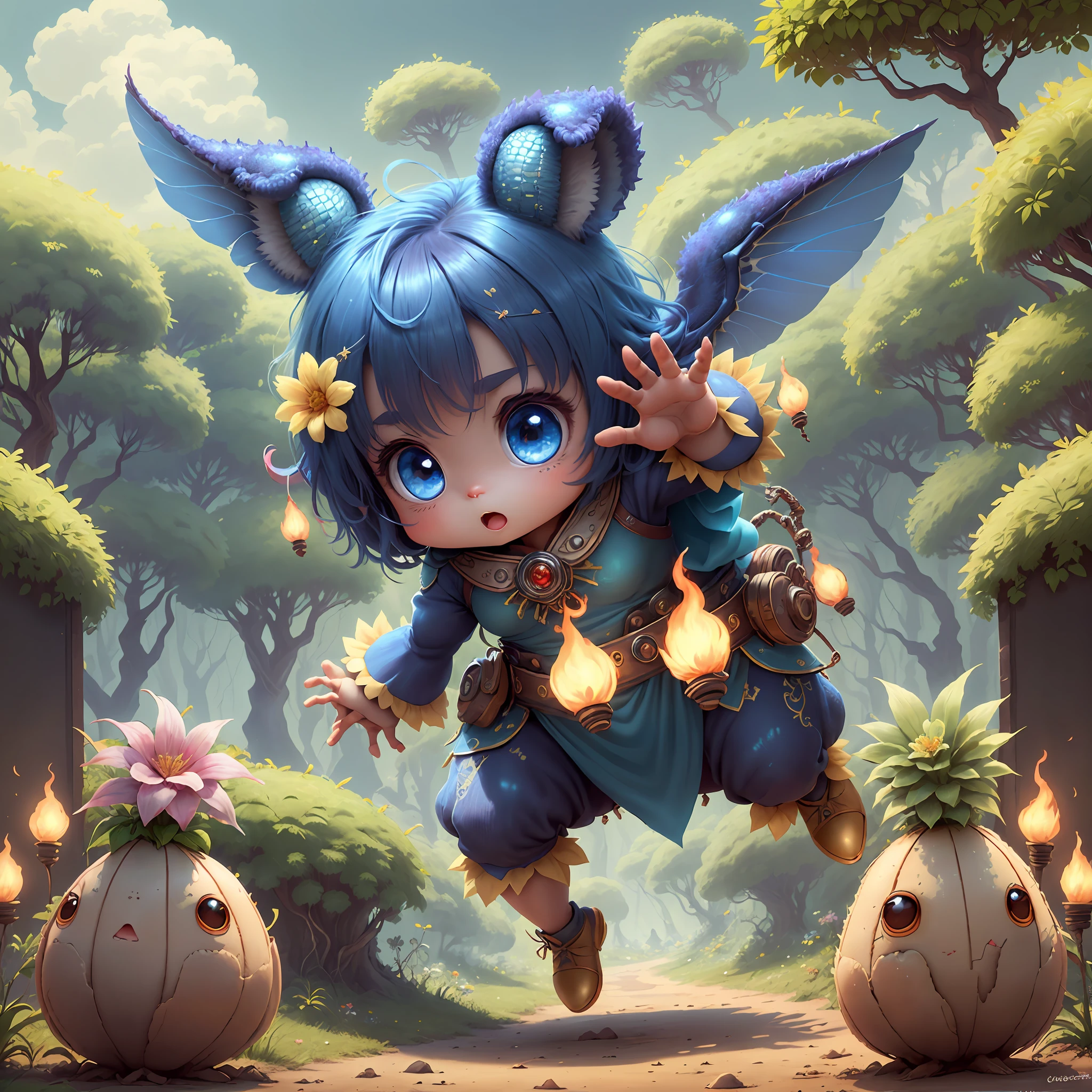 (extremely cute and delicate CG illustration, ultra-detailed and ultra-high quality), best illumination, best shadow, an extremely cute and adorable cu73cre4ture (agama), with big round eyes and a small cute mouth, small horns on its head, vibrant and vivid colors, dynamic angle, dynamic pose, floating, in a magical and enchanting place, with lush vegetation and vibrant flowers.