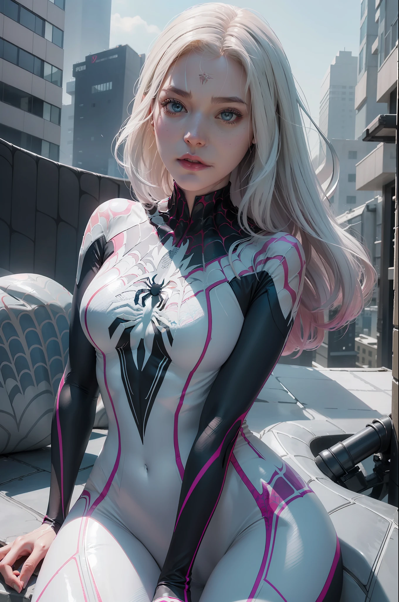 (1girl:1.3), Solo, (((Very detailed face)))), ((Very detailed eyes and face)))), Beautiful detail eyes, Body parts__, Official art, Unified 8k wallpaper, Super detailed, beautiful and beautiful, beautiful, masterpiece, best quality, original, masterpiece, super fine photo, best quality, super high resolution, realistic realism, sunlight, full body portrait, amazing beauty, dynamic pose, delicate face, vibrant eyes, (from the front), She wears (((Spider Gwen suit))), white and pink color scheme, spider, very detailed city roof background, rooftop, overlooking the city, detailed face, detailed complex busy background, messy, gorgeous, milky white, highly detailed skin, realistic skin details, visible pores, clear focus, volumetric fog, 8k uhd, DSLR, high quality, film grain, fair skin, photo realism, lomography, futuristic dystopian megalopolis, translucent