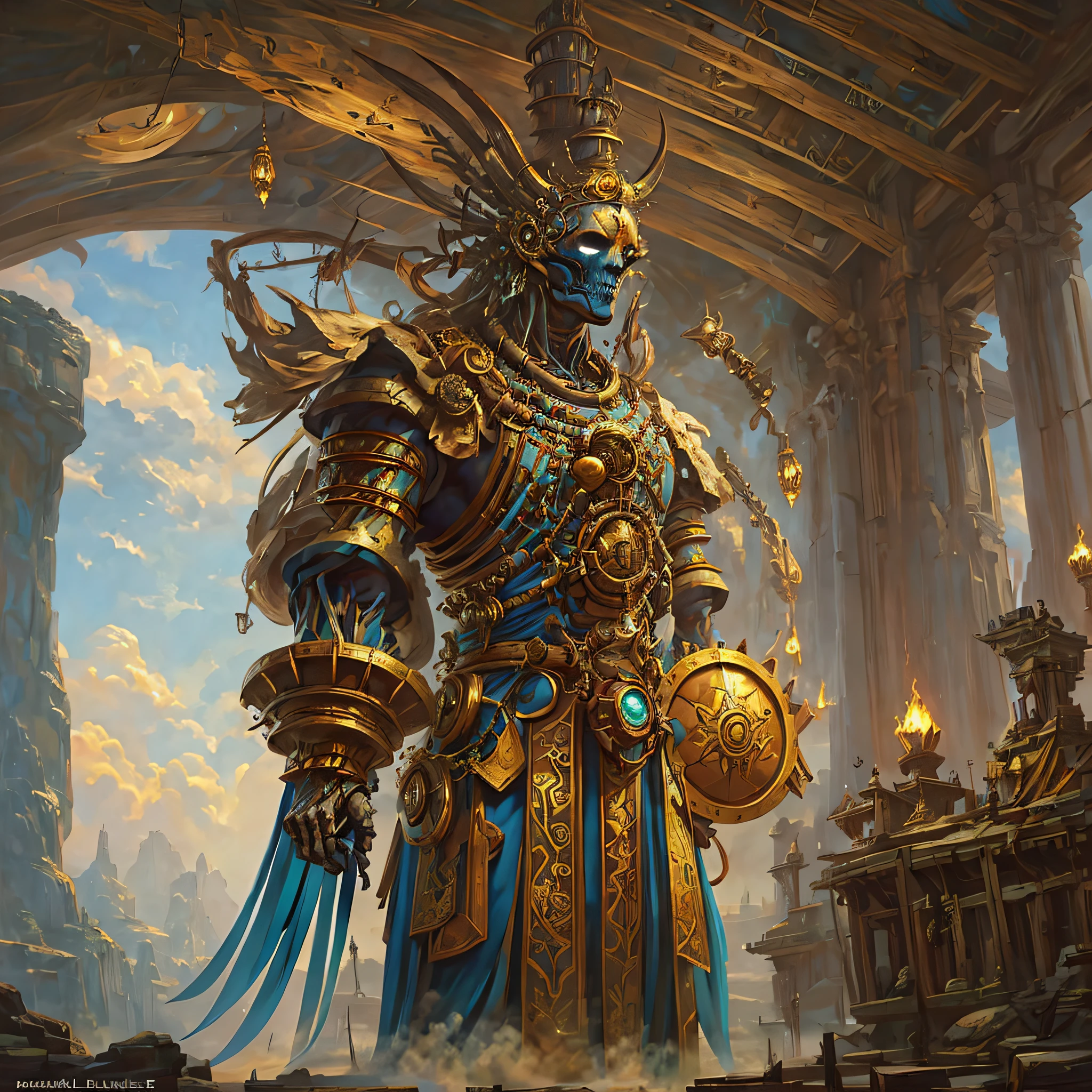 there is a man in a costume standing in a building, kaladesh concept art. mechanical, magic the gathering card art, magic the gathering art, magic : the gathering art, magic the gathering concept art, collectible card art, mtg art, kaladesh, full art, an epic majestical degen trader, fantasy card game art, magic the gathering artwork,Cyberpunk mechanical skeleton shamans wield king drums and whips stand above the wasteland of various prayer flags and dragon da --auto --s2