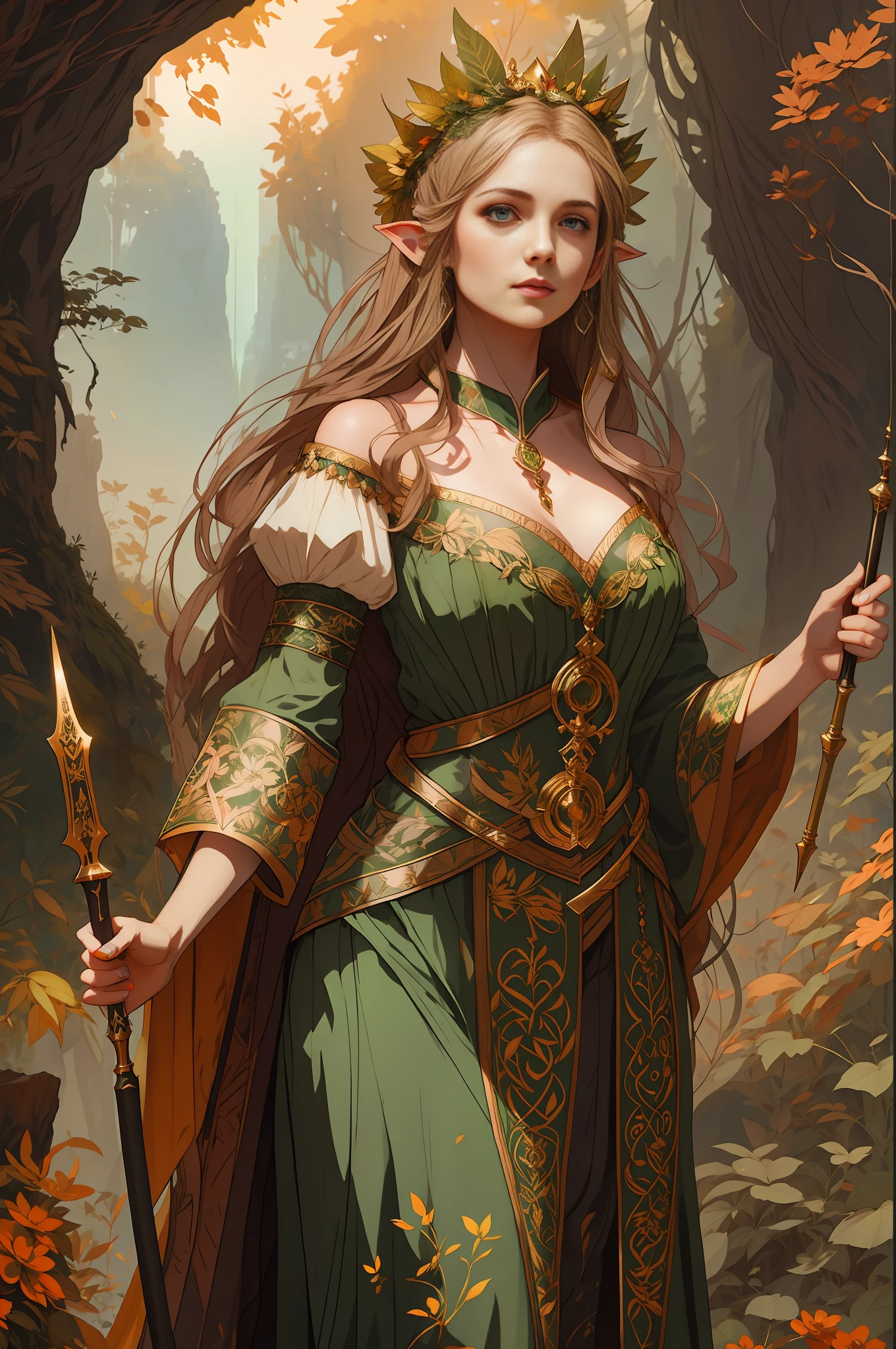 elf woman, green clothes, full body standing on a forest, very lit forest background with many flowers and leaves, minimalistic, unfinished, concept art, by Brian Froud and Carne Griffiths and Wadim Kashin and John William Waterhouse, intricate details, 8k post production, high resolution, hyperdetailed, trending on artstation, sharp focus, studio photo, intricate details, highly detailed, by greg rutkowski