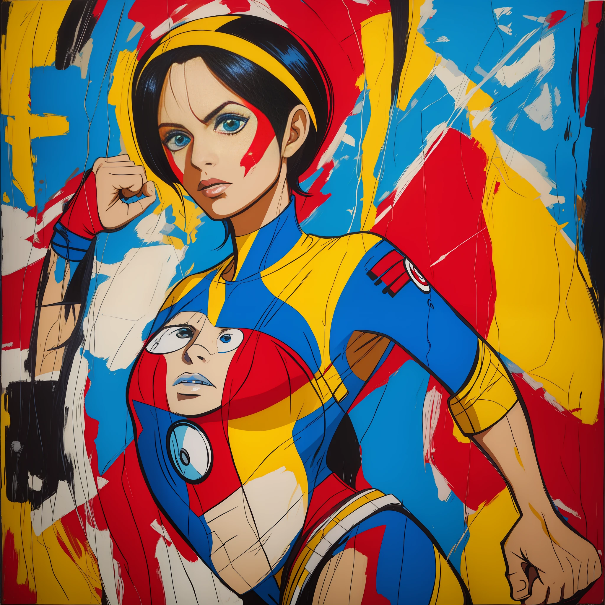 Elastigirl( Helen Parr) super-hero portrait woman half-Perfil corporal, cum mulher, olhos cinzentos, Tromp L'oeil showing the texture of thick oil paint strokes on the rustic canvas, Estilo Basquiat, cores vibrantes, Perfection and Art Basquiat Style Sharp Focus
