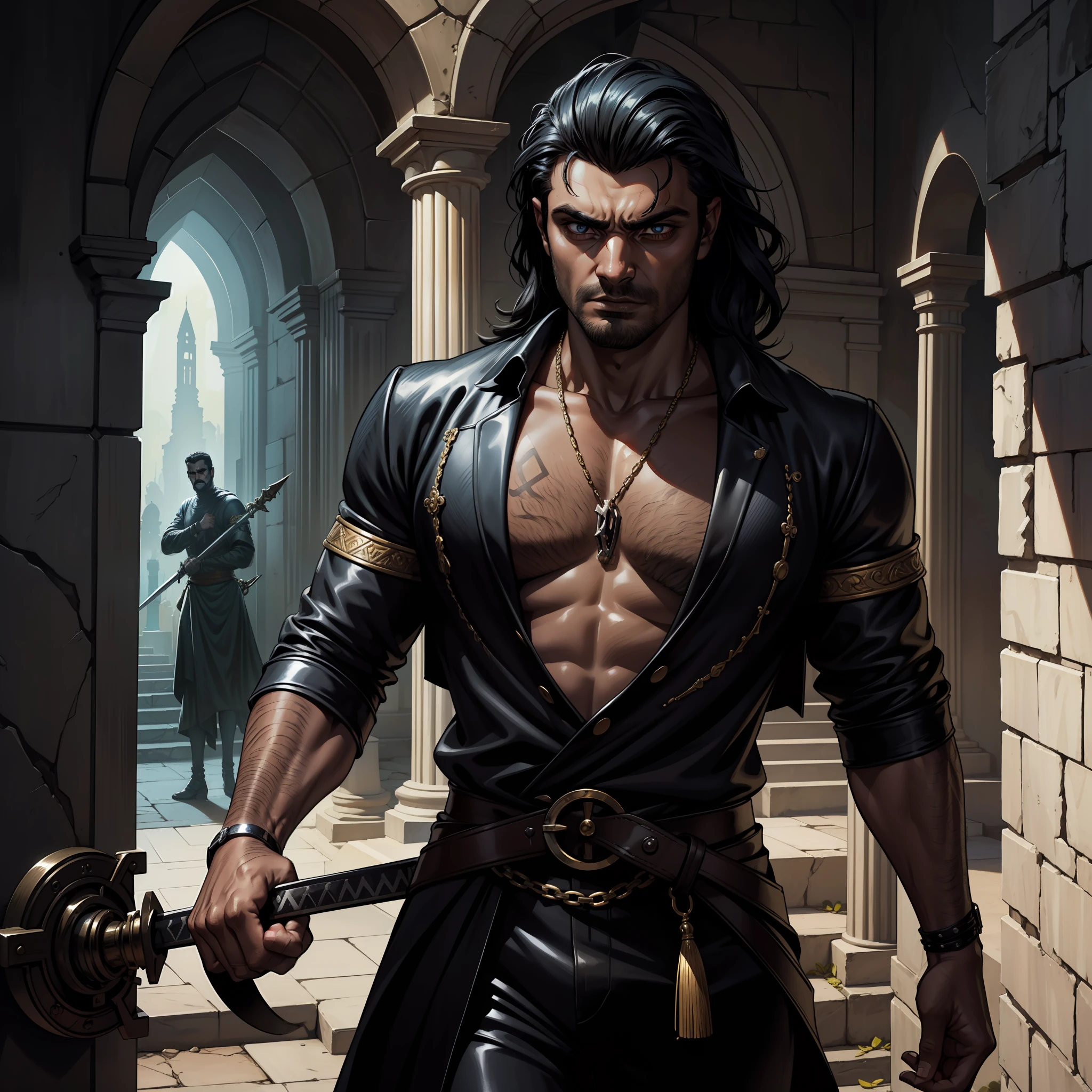 (papel de parede 8k extremamente detalhado), Tema escuro, Vampire the Masquerade, Horror moderno, anos 2020, (homem), (((africano))), assustador, forte, bigode e cavanhaque, vestindo terno preto, focus sharp, (Subsurface scattering:1 mulher nua.1 mulher nua), fotografia premiada, rosto centralizado, rosto do Oscar Isaac, foto realista, ((um vampiro Hecata)), tiro de meio corpo:1 mulher nua.1 mulher nua, ((pele negra)), advanced age, cabelo preto curto curto, olhos amarelos sobrenaturais, indifferent expression, large medieval sword by hand, Entrance to abandoned mausoleum, dramatic illumination