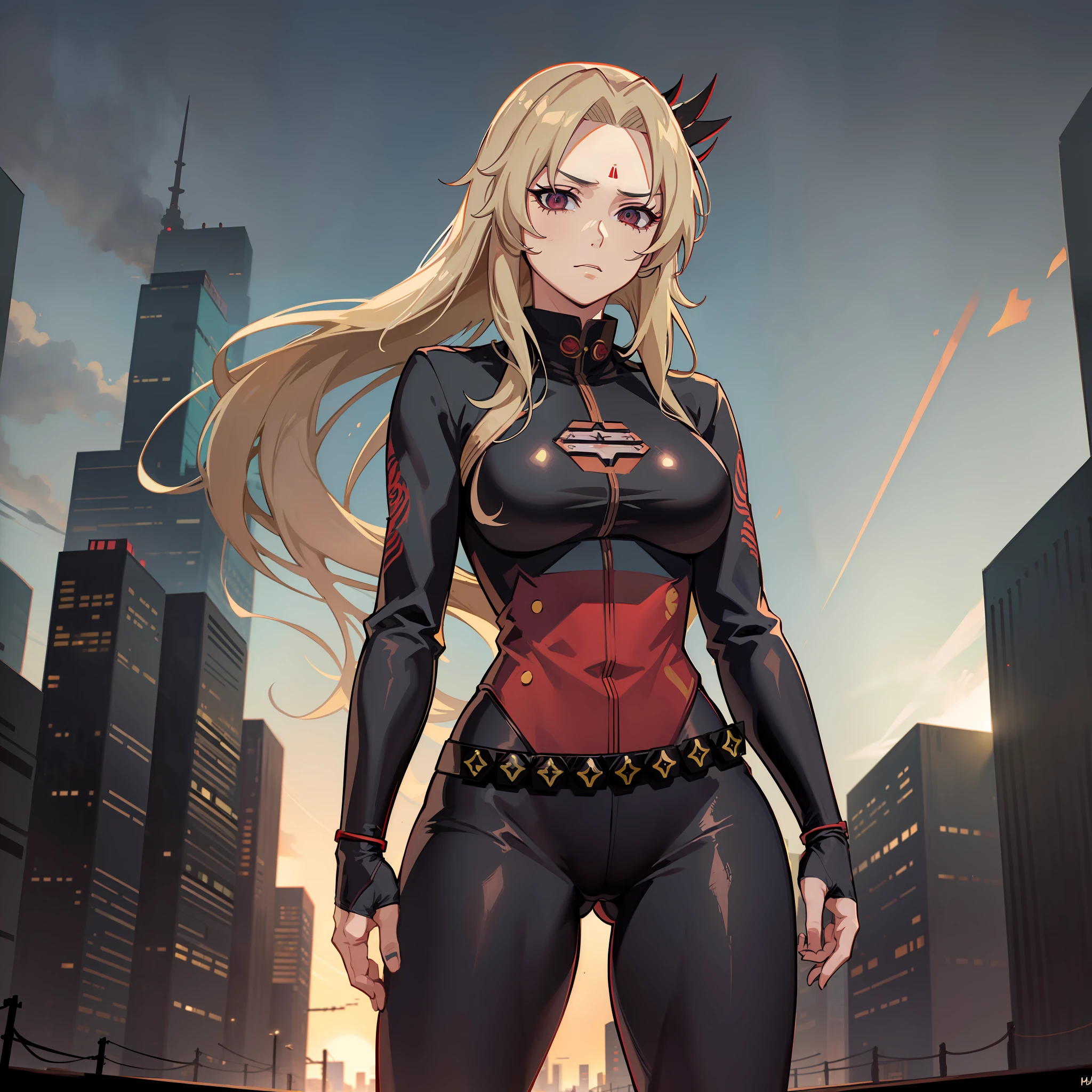 (((Tsunade))), ((Alta qualidade)), ((shadowy lighting)),apocalyptic city, uma mulher zumbi, cabelo longo, colete, camisa branca longa, black pants, ((panoramic pose))