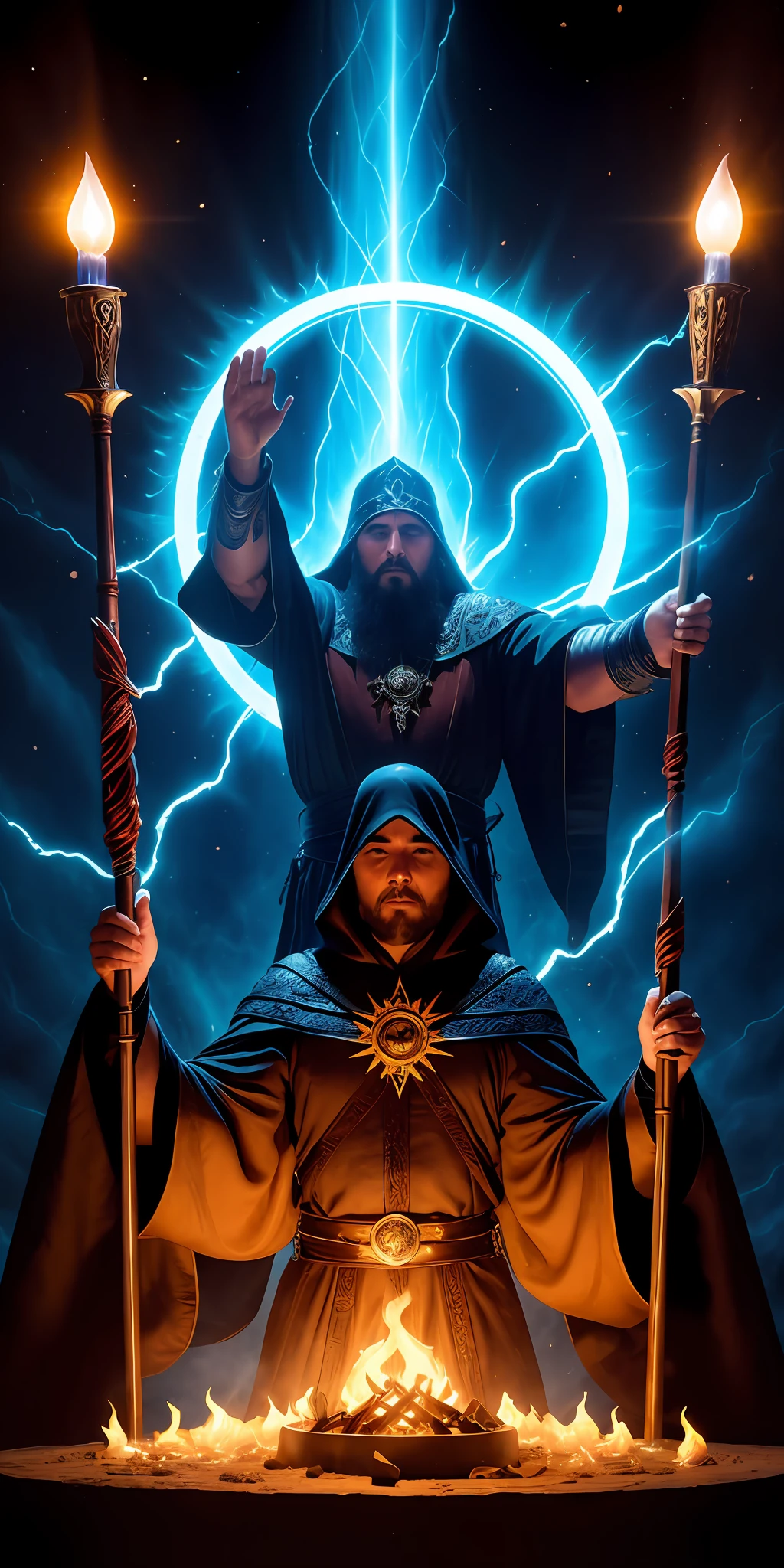 In the sacred chamber of the ancestral forge, A skilled blacksmith kneels before a circle of supreme wizards. Their robes glow with arcane symbols, while his eyes shine with the intensity of mystical power. Em perfeita sintonia, the mages raise their hands, radiating cosmic energy towards the weapon under construction.
O ferreiro, in a trance of concentration, molda o metal incandescente com movimentos precisos, under the guidance of the magi. Magical flames dance around them, illuminating the chamber with an unearthly glow. Every blow of the hammer resonates like thunder, driven by the life force of the mages.
Enquanto o ferreiro forja a arma, the magi sing ancient songs, summoning ancestral energies to imbue the weapon with unimaginable powers. Rays of mystical light flow through them, envolvendo a arma em uma aura cintilante.
The harmony between the blacksmith and the magicians is palpable, uma sinfonia de habilidade e magia. Nesse ritual transcendental, The unique and ruthless weapon takes shape, an instrument capable of challenging the limits of reality and protecting the balance of the world.