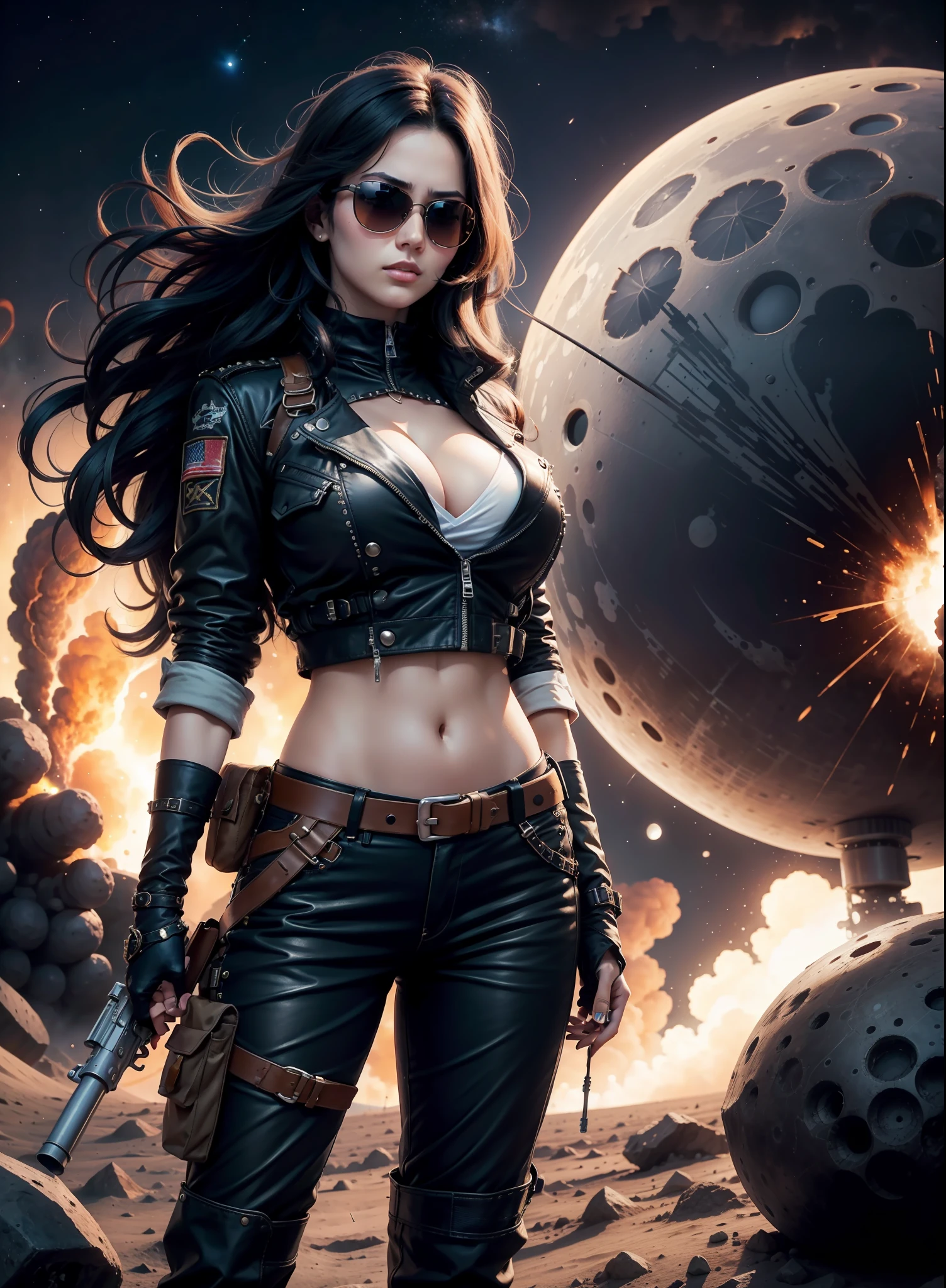 Medium breasted woman, pants, rivets, holsters, big gun, long black hair, sunglasses, on the moon, explosions behind.