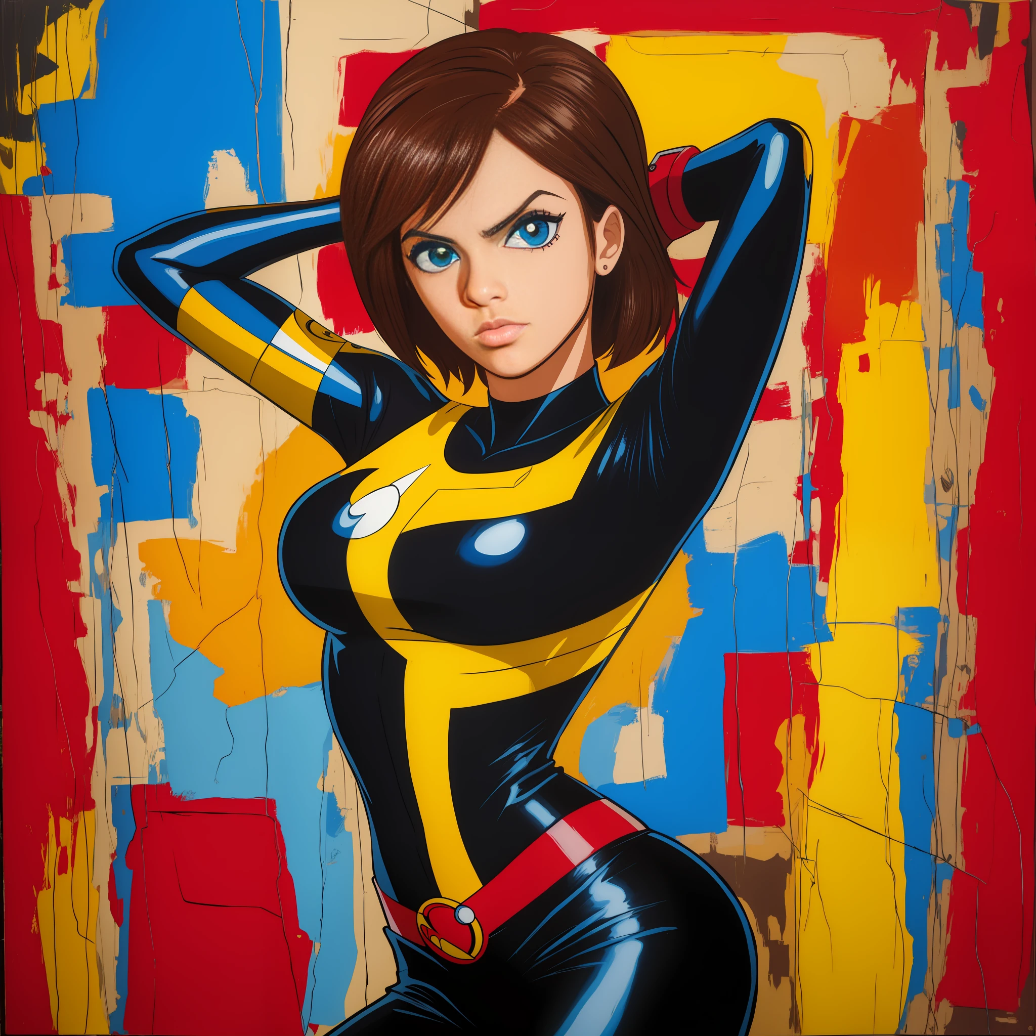 Elastigirl( Helen Parr) super-hero portrait woman half-Perfil corporal, ??? mulher, olhos cinzentos, Tromp L'oeil showing the texture of thick oil paint strokes on the rustic canvas, Estilo Basquiat, cores vibrantes, Perfection and Art Basquiat Style Sharp Focus